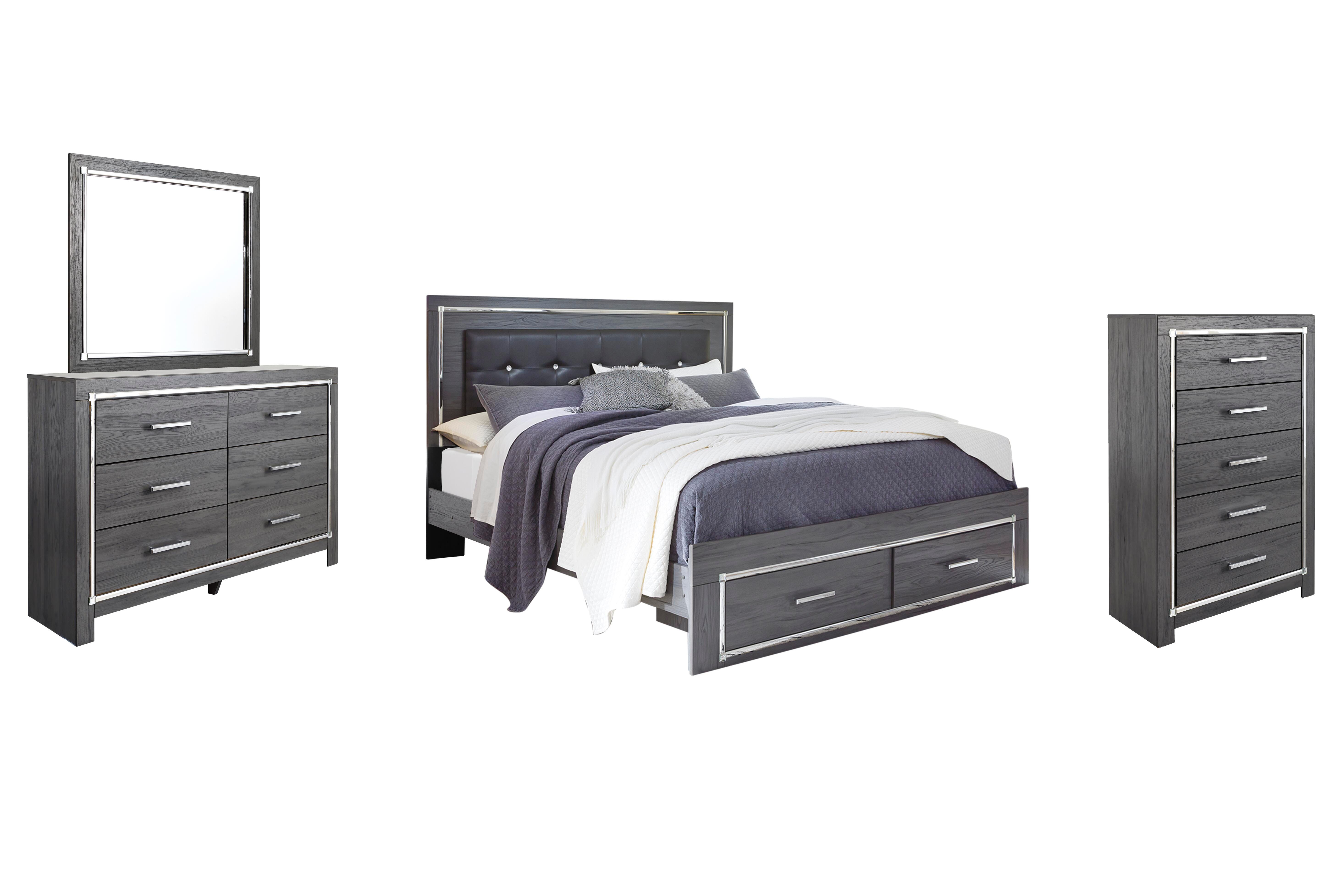 Lodanna King Panel Bed with 2 Storage Drawers with Mirrored Dresser and Chest, Gray, large