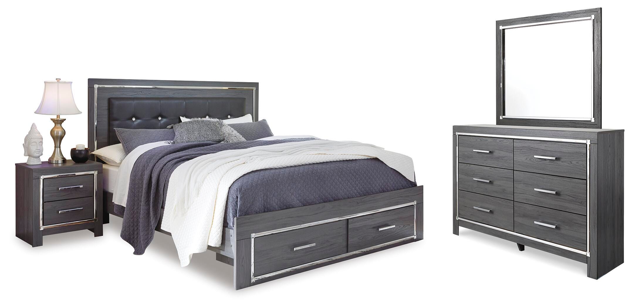 Cama tapizada tamaño king con almacenaje Lodanna, cómoda, espejo y mesita de noche - image 2
