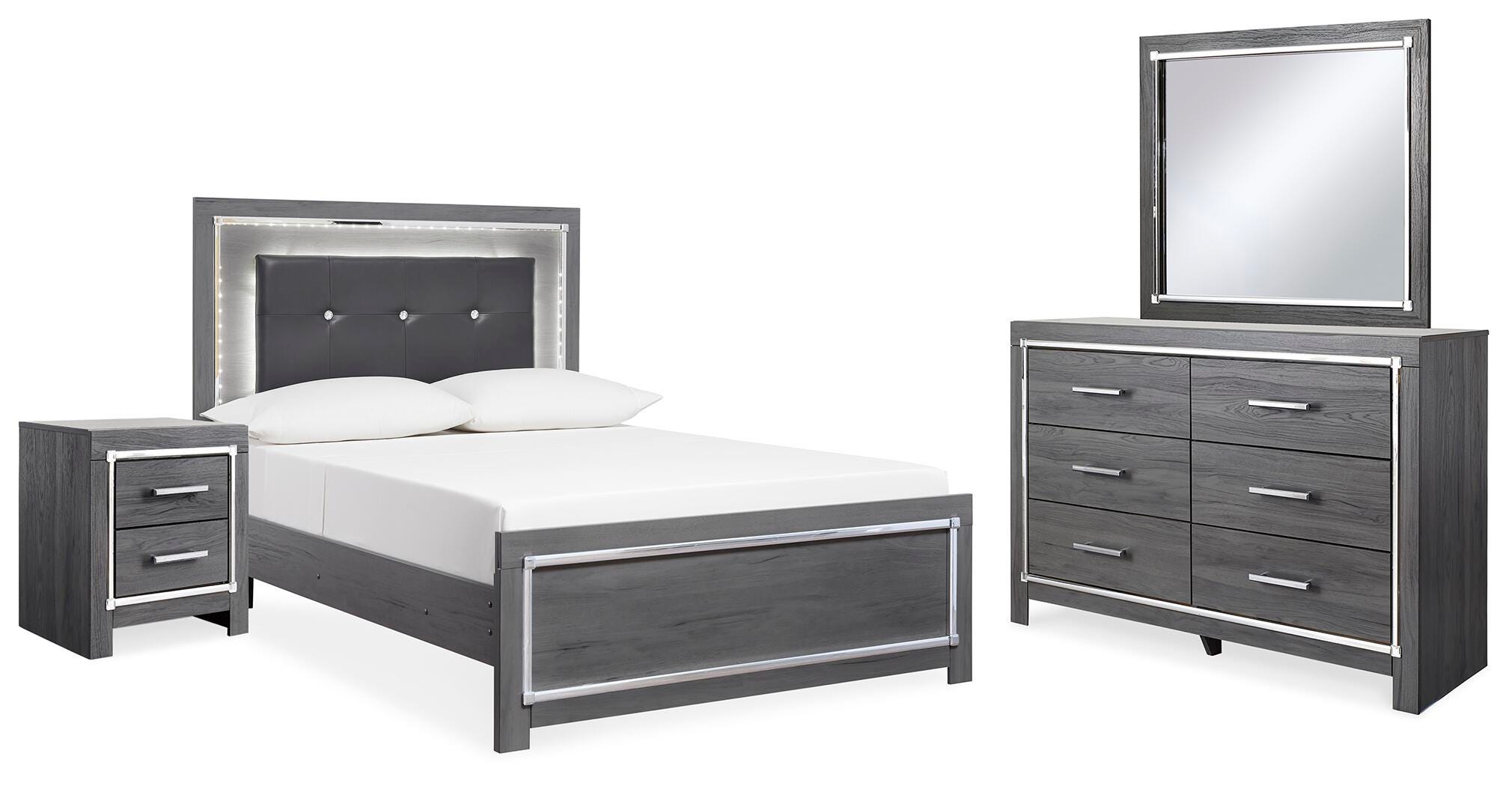 Cama tapizada con panel completo Lodanna, cómoda, espejo y mesita de noche - image 1