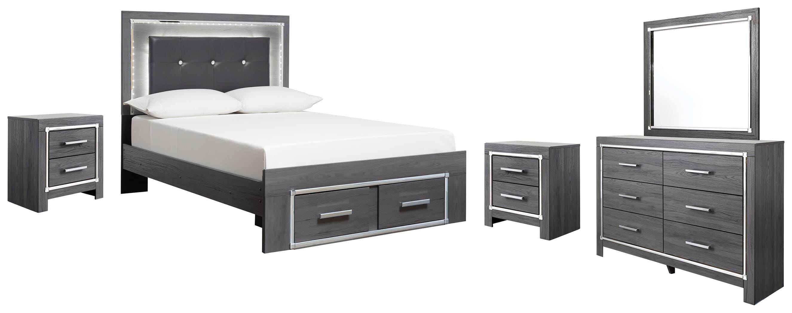 Lodanna Full Panel Bed with 2 Storage Drawers Mirrored Dresser and Nightstands, Gray