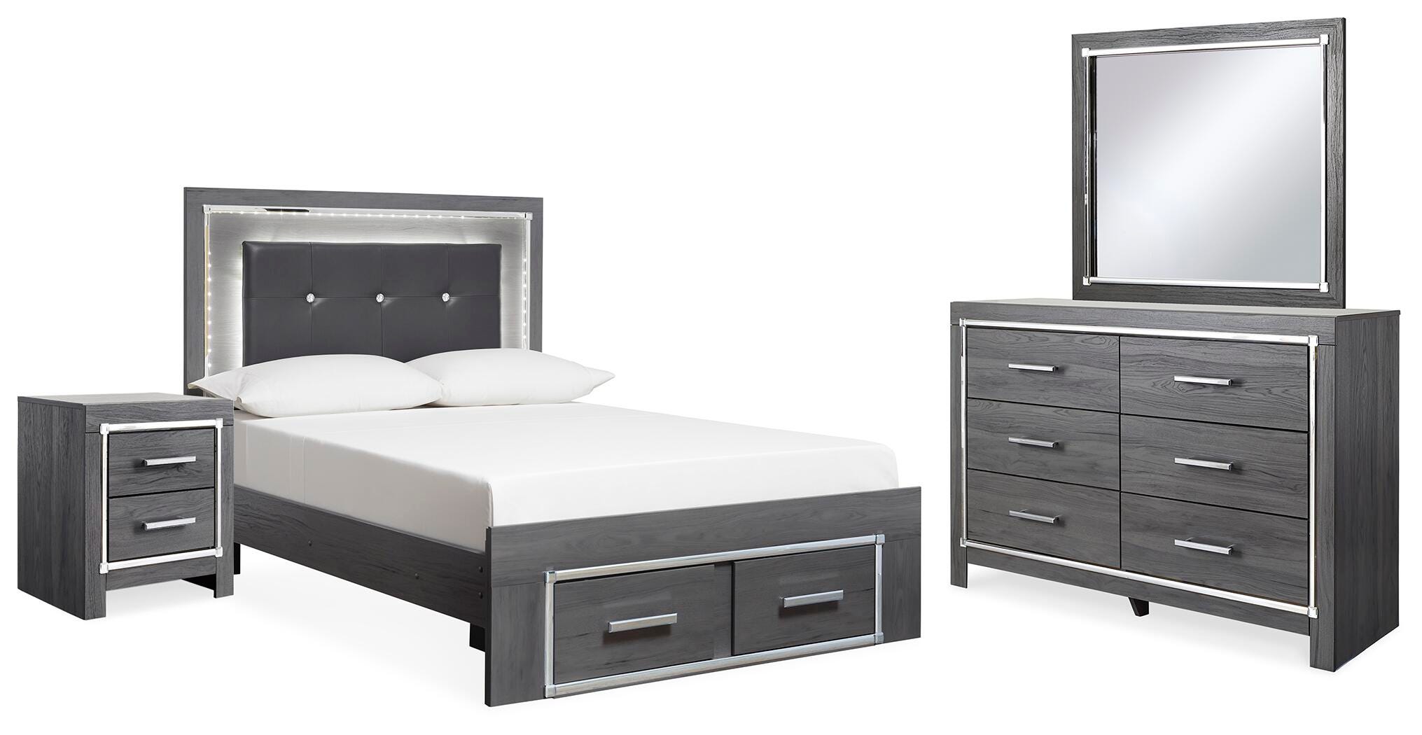 Cama de panel tapizada completa Lodanna con almacenamiento, cómoda, espejo y mesita de noche - image 1