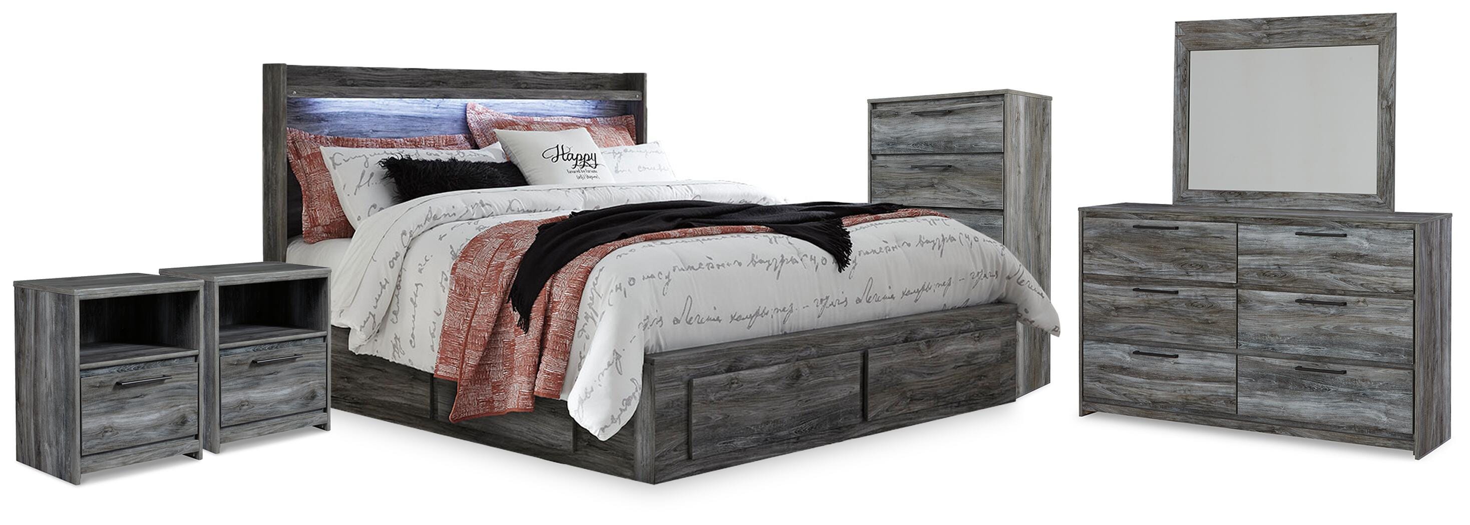 Cama Kingsize Baystorm con almacenaje, cómoda, espejo, chiffonier y 2 mesitas de noche - image 1