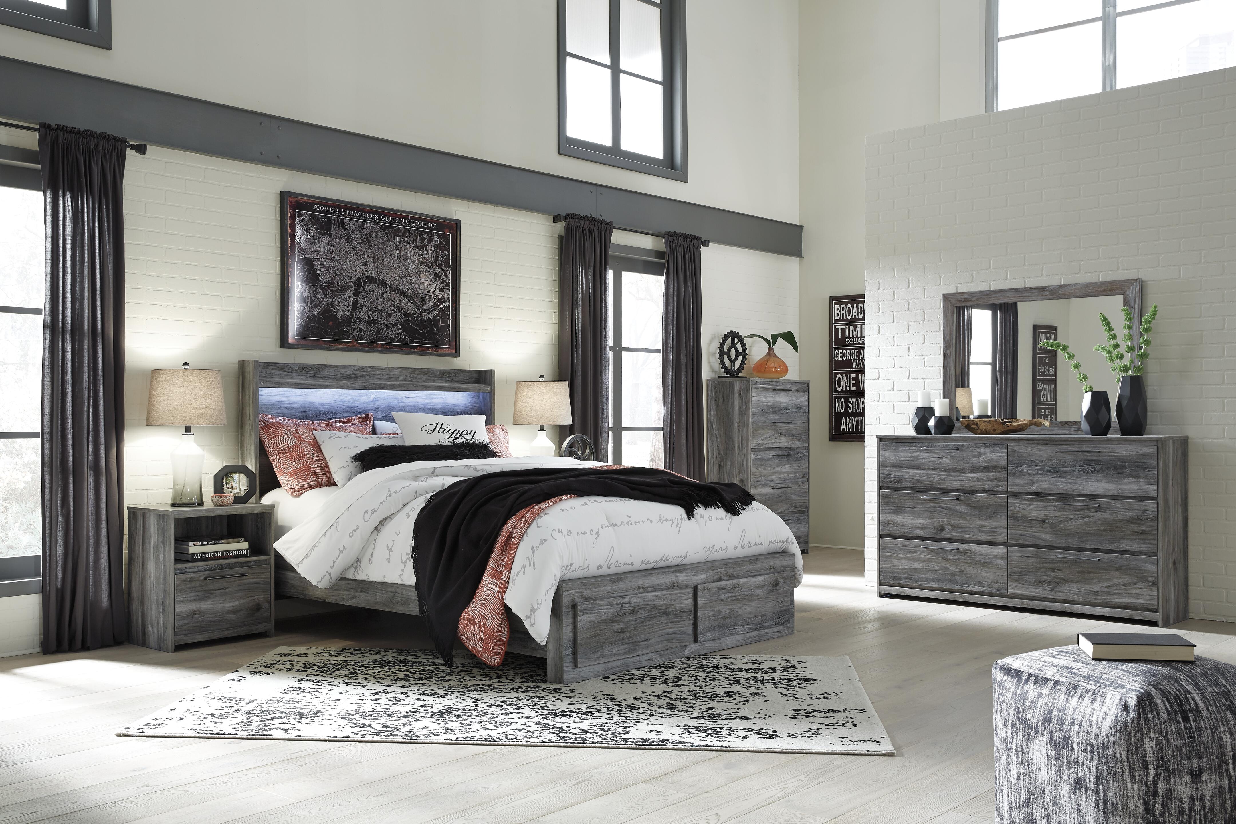 Cama de almacenamiento Baystorm Queen con panel, cómoda, espejo, baúl y 2 mesitas de noche - image 1