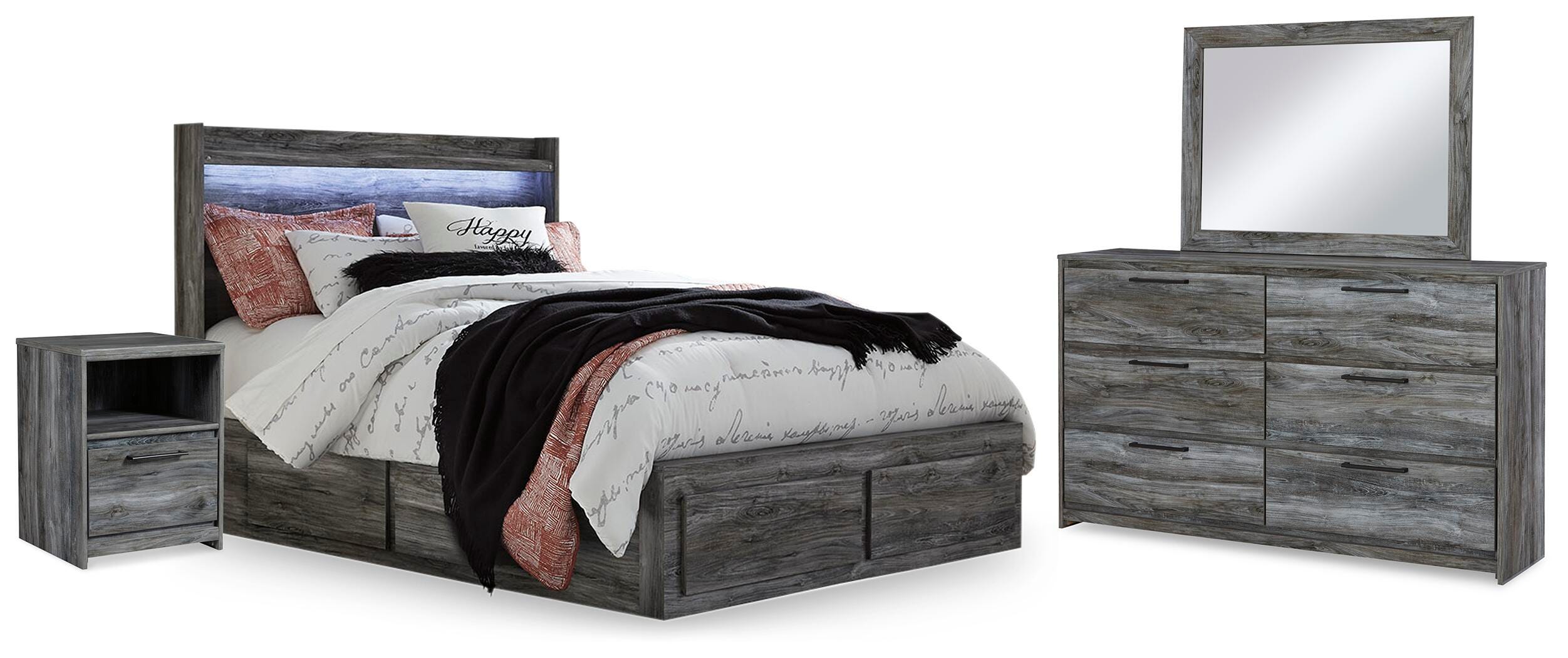 Cama Queen Baystorm con 2 Cajones de Almacenamiento Laterales, Cómoda, Espejo y Mesita de Noche - image 1