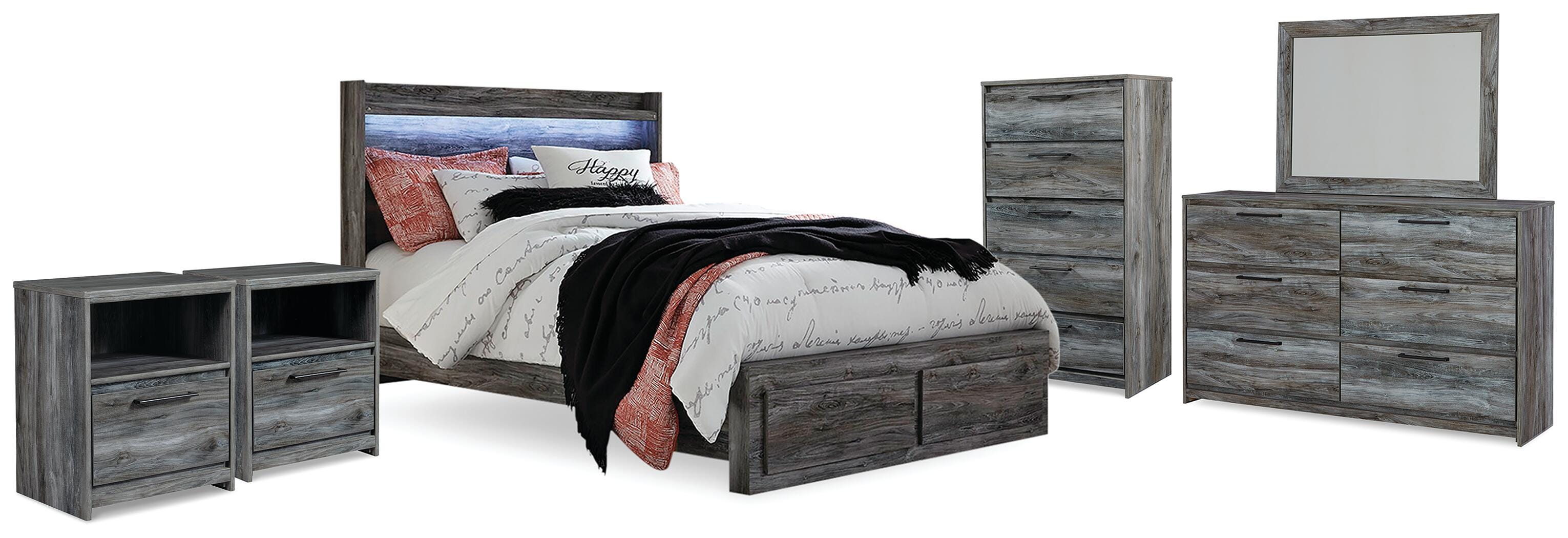 Cama de almacenamiento Baystorm Queen con panel, cómoda, espejo, baúl y 2 mesitas de noche - image 2