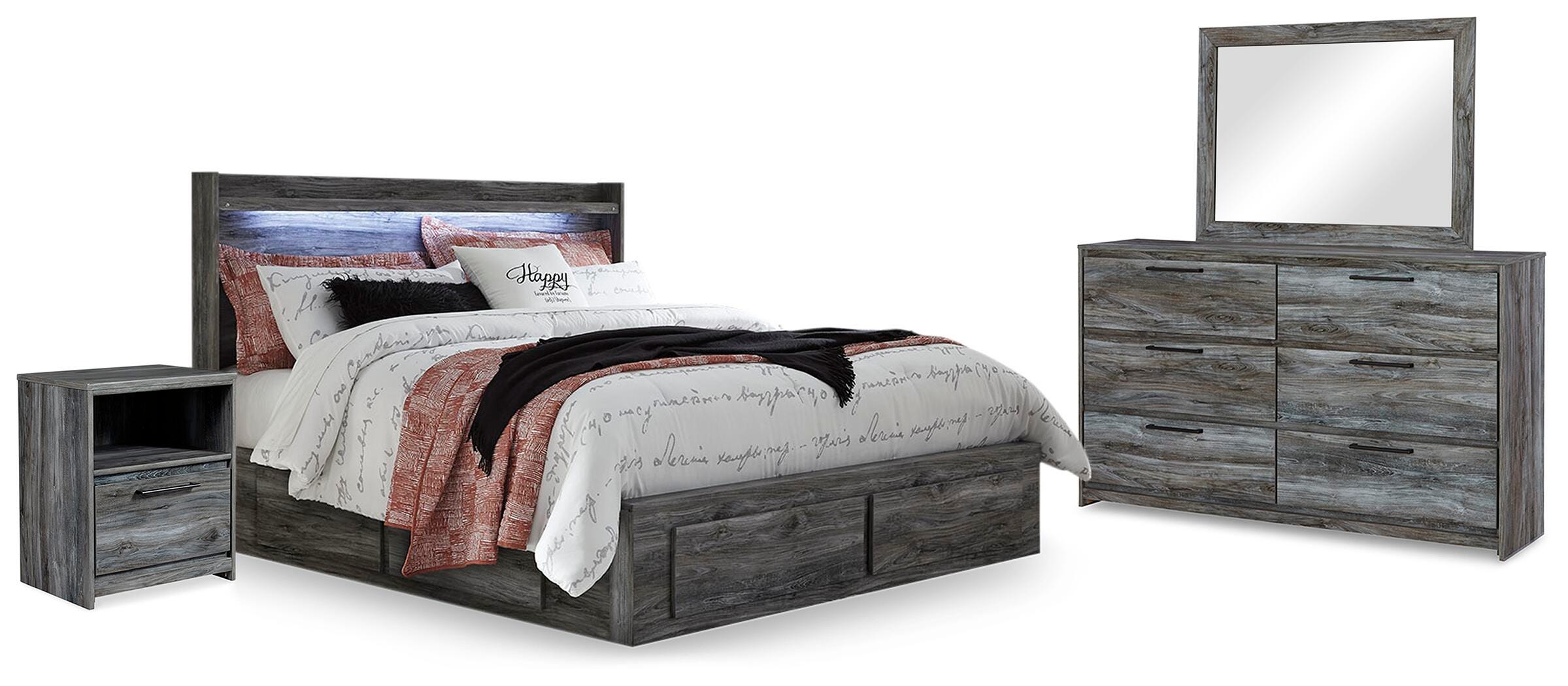 Cama Baystorm King con paneles y almacenaje, cómoda, espejo y 2 mesitas de noche - image 1