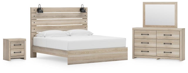 Senbry King Panel Bed with Mirrored Dresser and Nightstand