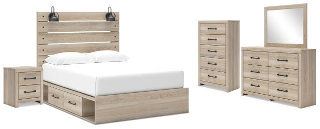 Senbry Queen Panel Bed with Mirrored Dresser, Chest and Nightstand