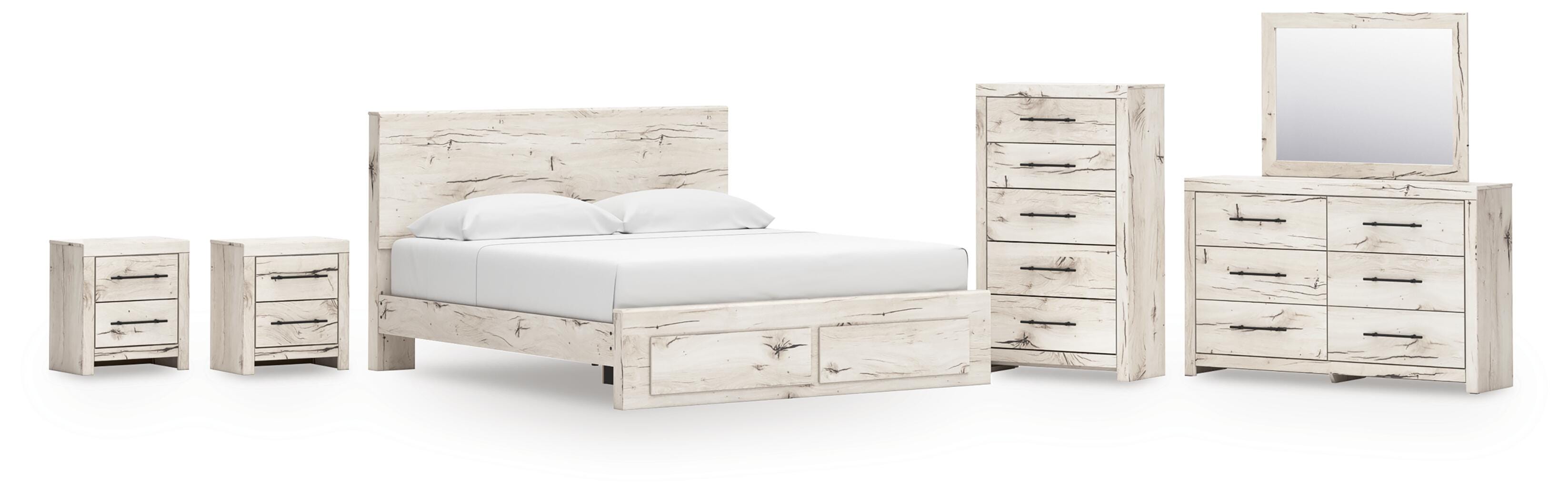 Cama con panel de almacenamiento tamaño King Lawroy, cómoda, espejo, chiffonier y 2 mesitas de noche - image 1