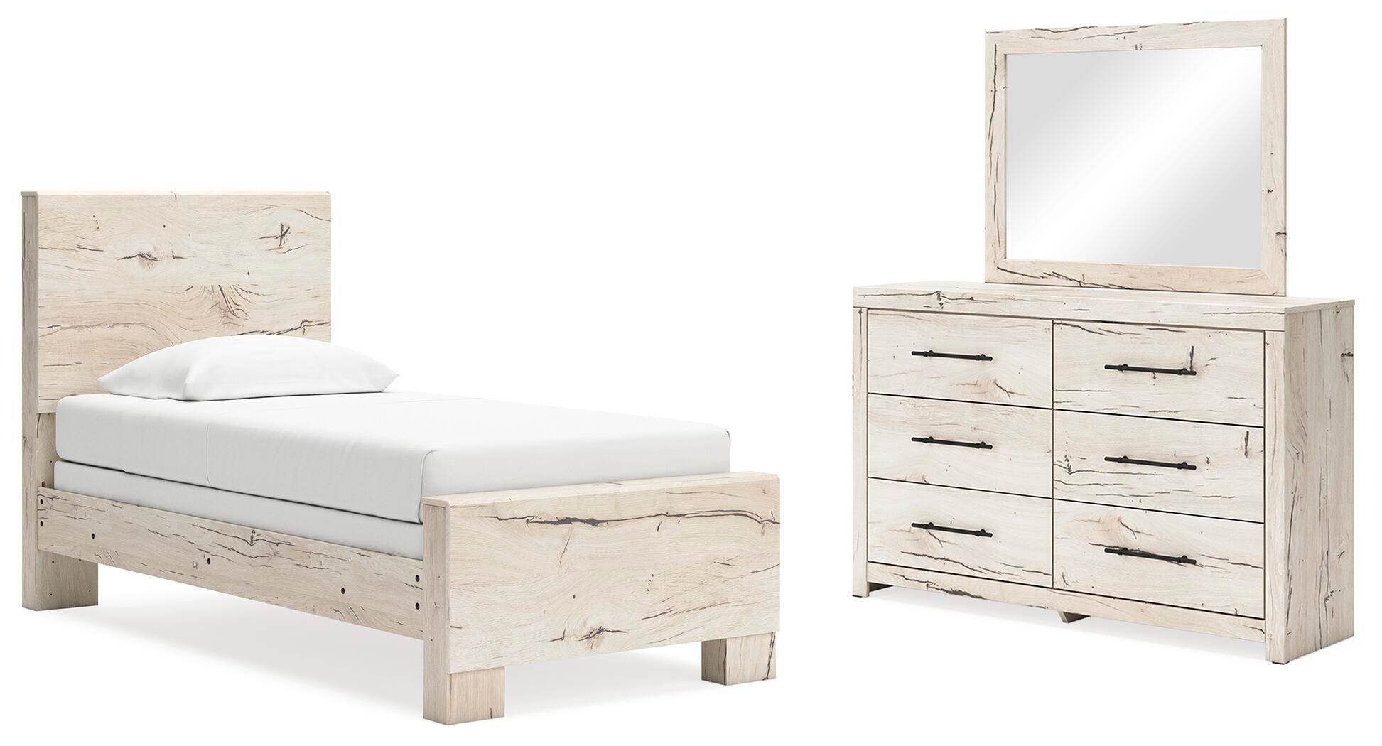 Cama con cabecero y piecero Lawroy, cómoda y espejo - image 1