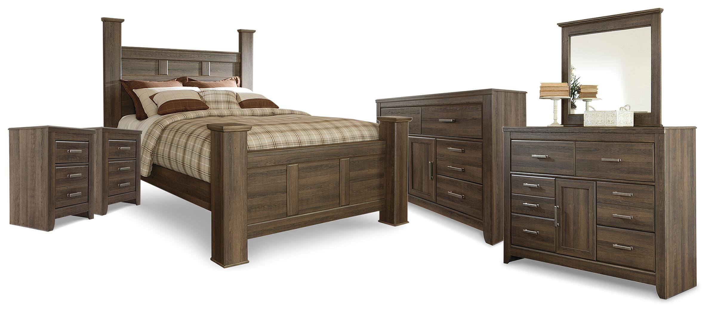 Cama de póster Queen Juararo, 2 cómodas, espejo y 2 mesitas de noche - image 1