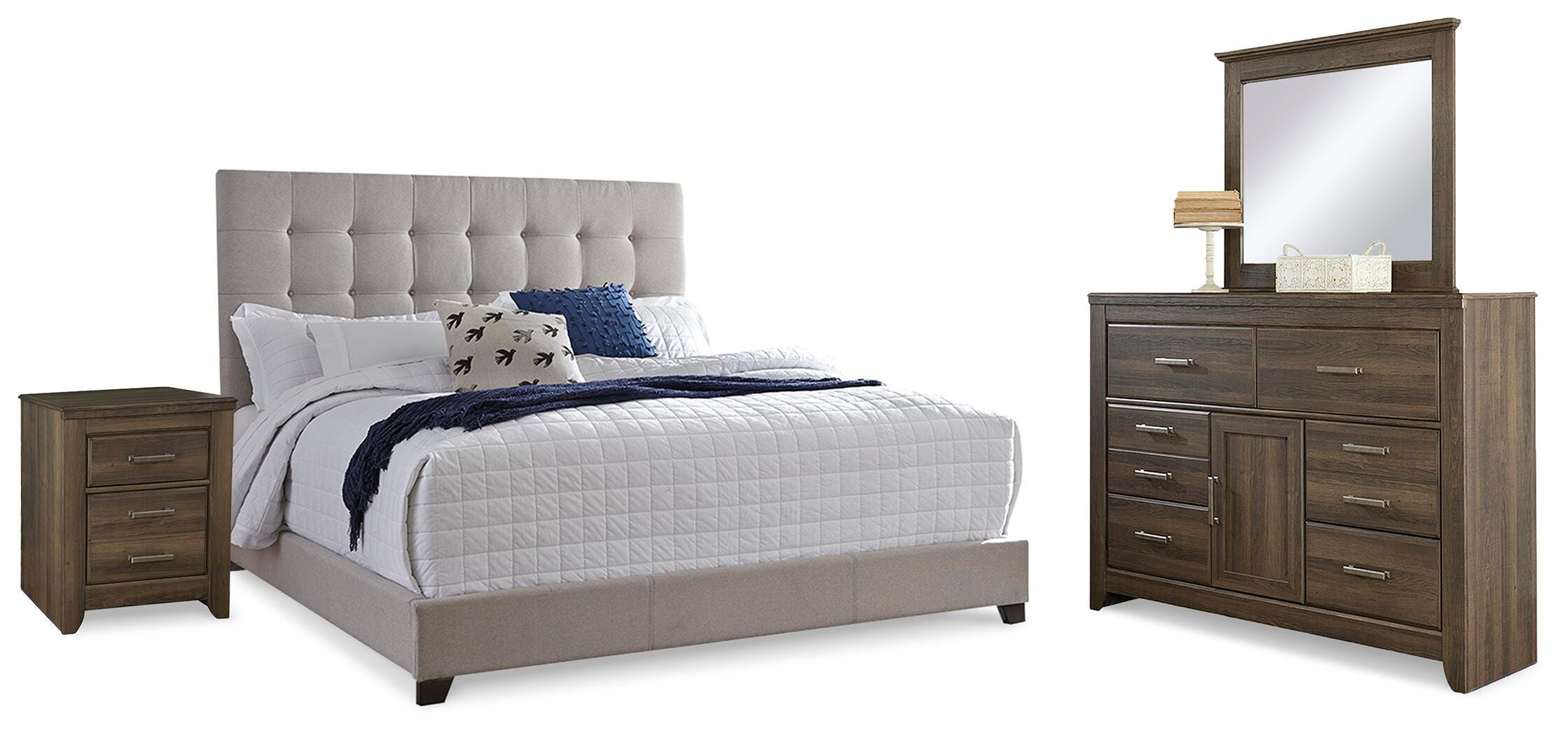 Cama tapizada Dolante Queen, cómoda, espejo y mesita de noche - image 1