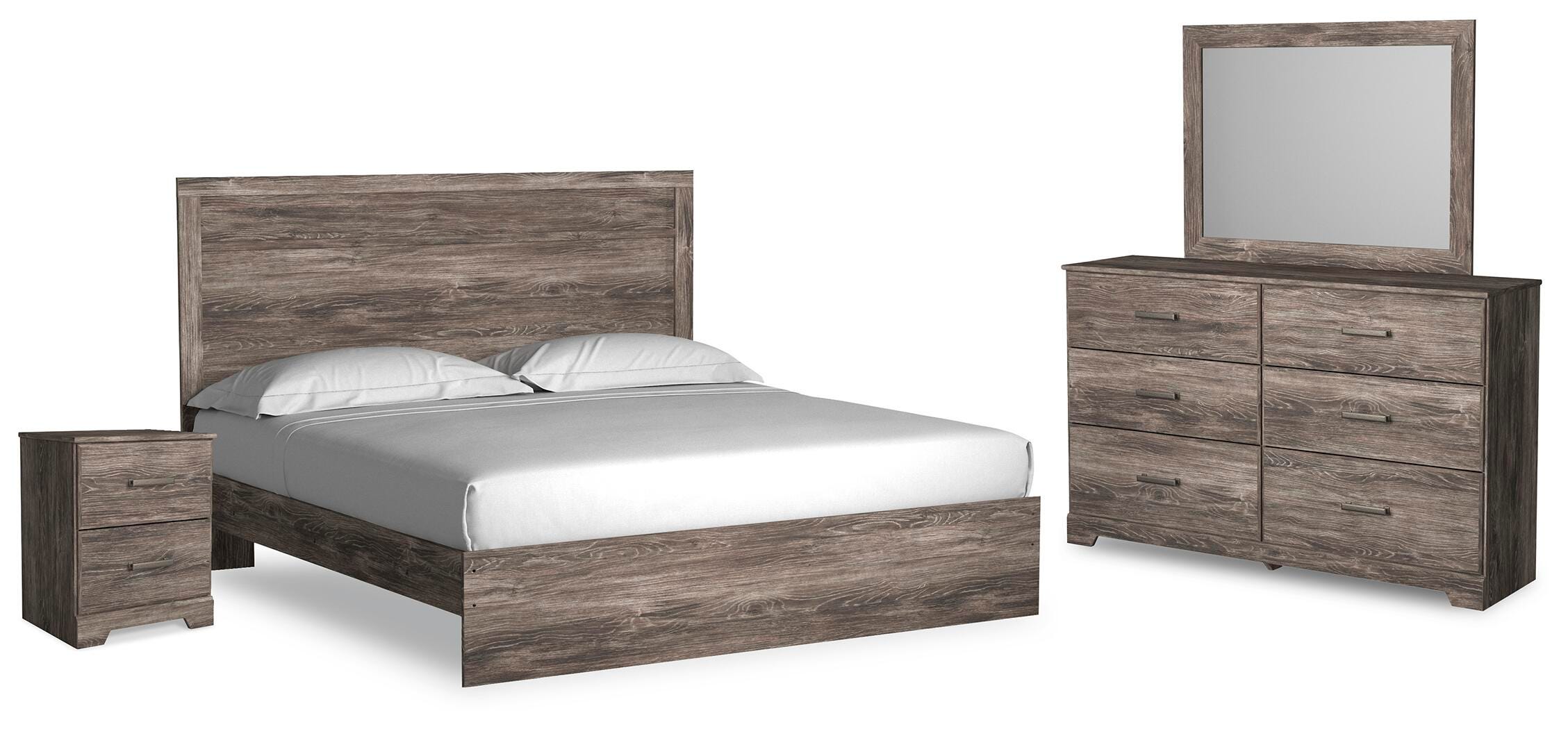 Ralinksi King Panel Bed with Mirrored Dresser and Nightstand, Gray, large