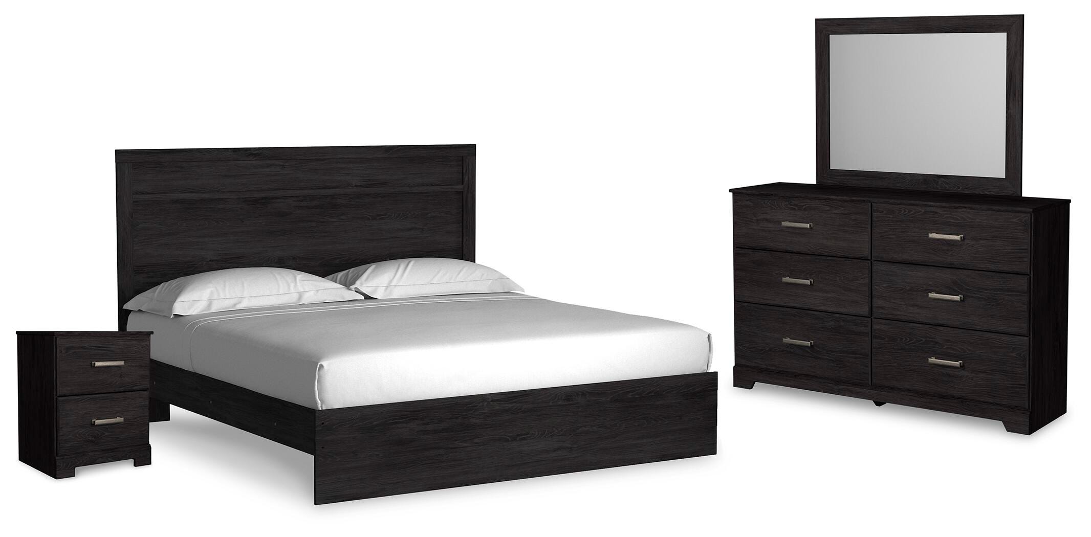 Belachime King Panel Bed with Mirrored Dresser and Nightstand, Charcoal, large