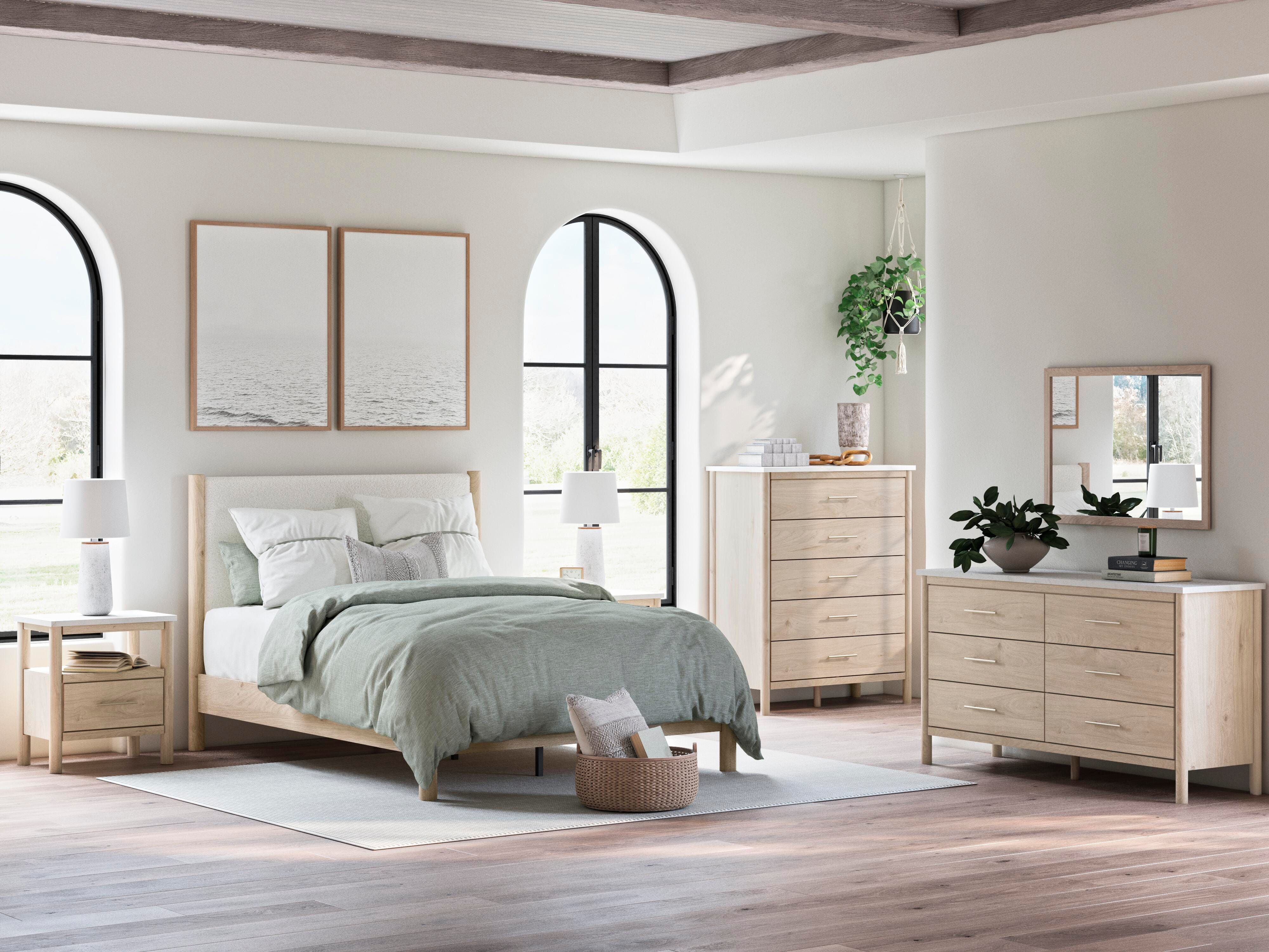 Cama con panel Queen, cómoda, espejo y mesita de noche Cadmori - image 18