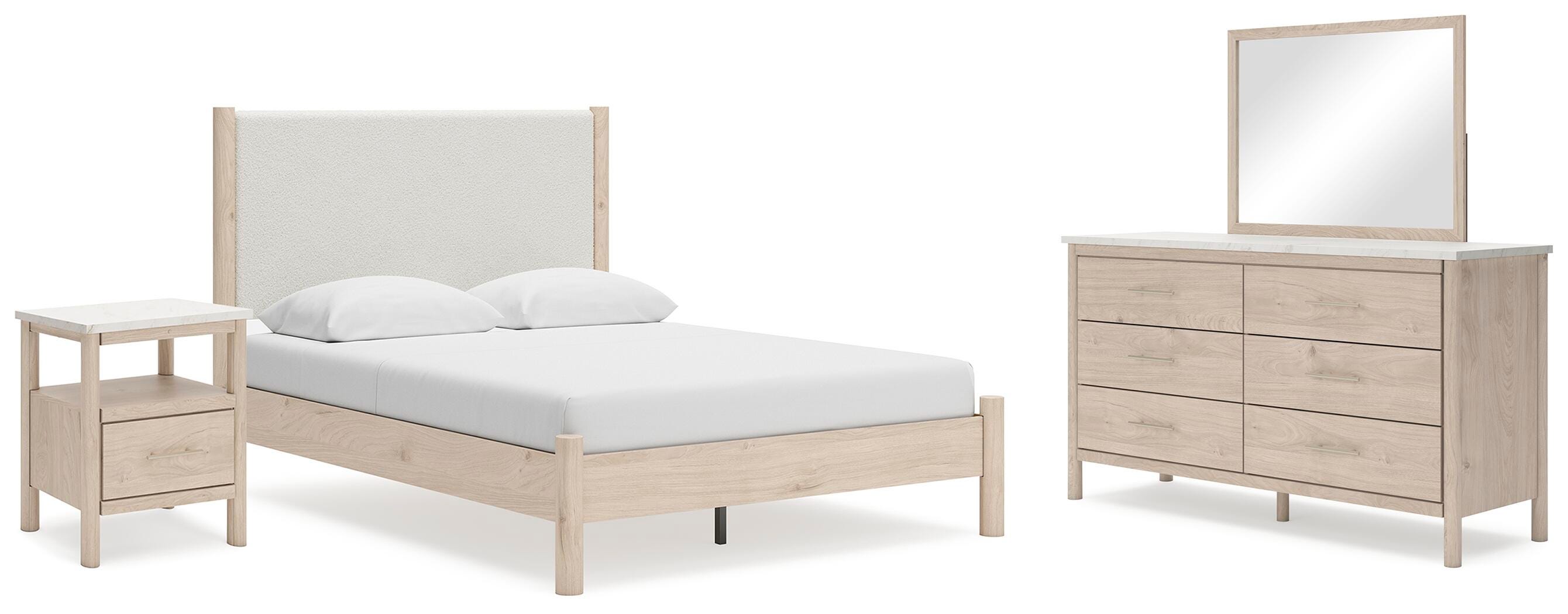 Cama con panel Queen, cómoda, espejo y mesita de noche Cadmori - image 1