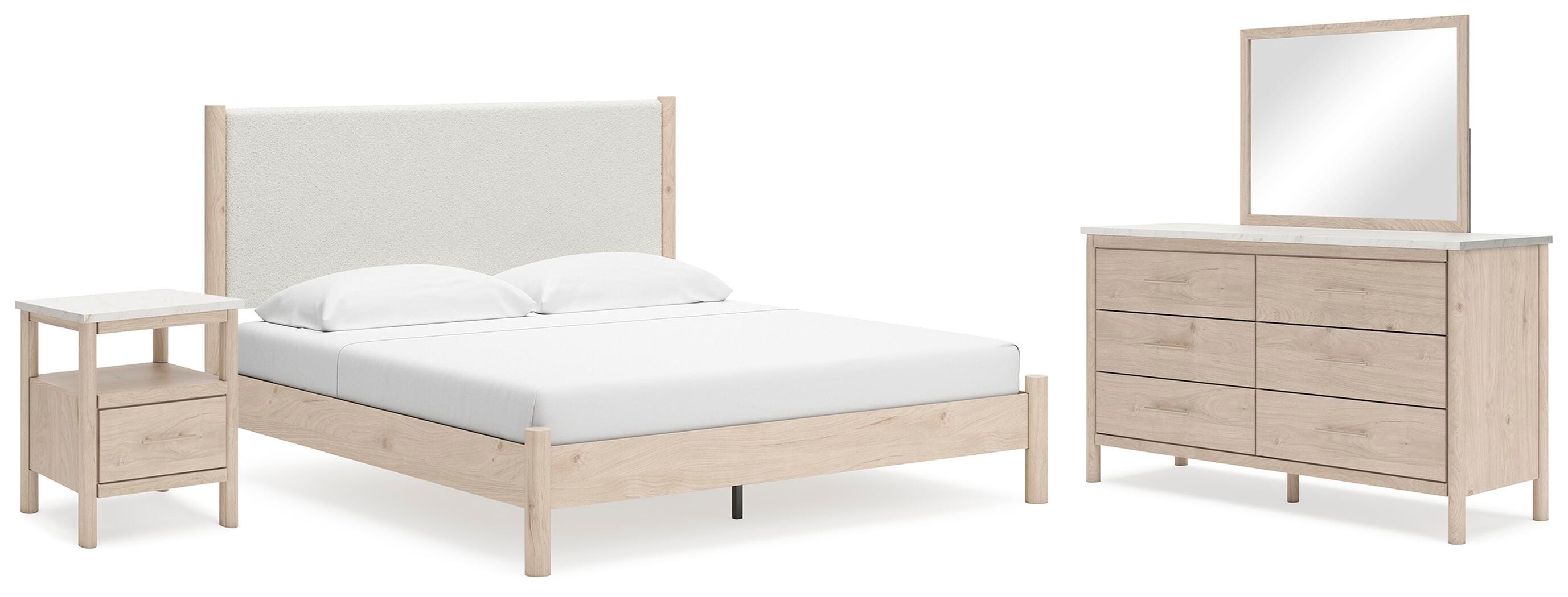 Cadmori King Upholstered Panel Bed, Dresser, Mirror and Nightstand - image 1