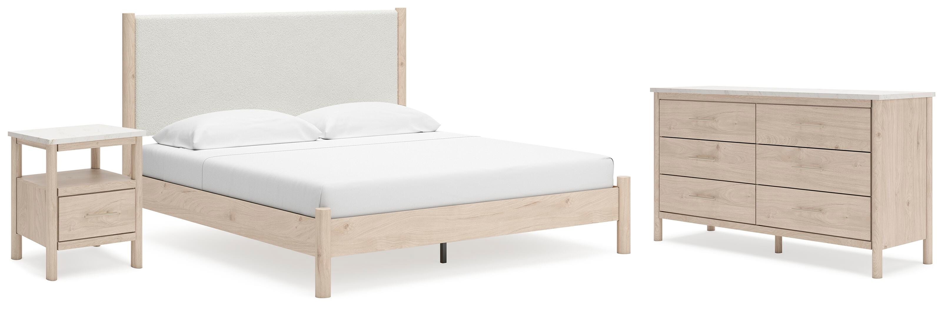 Cadmori King Upholstered Panel Bed, Dresser and Nightstand - image 1