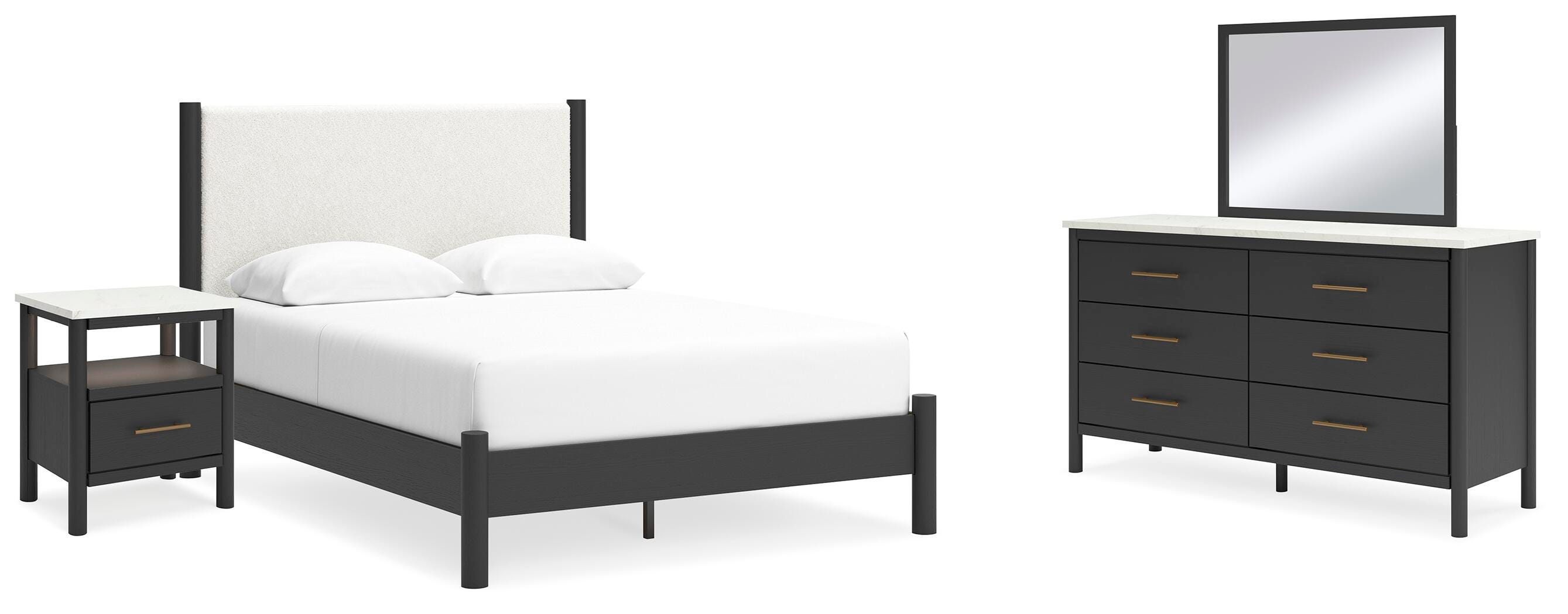 Cama con panel Queen, cómoda, espejo y mesita de noche Cadmori - image 1