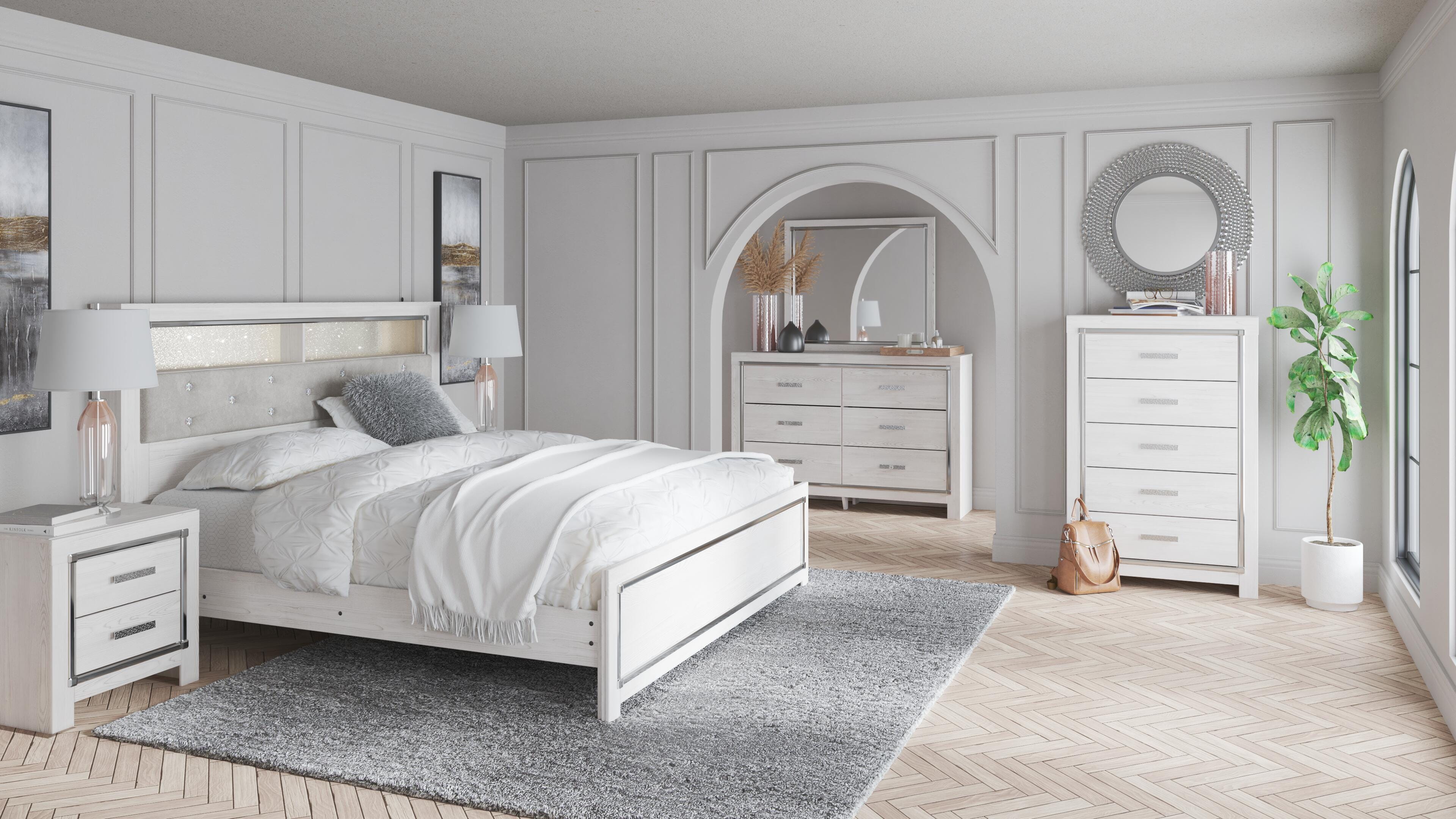 Altyra King Panel Bookcase Bed with Mirrored Dresser, White, rollover
