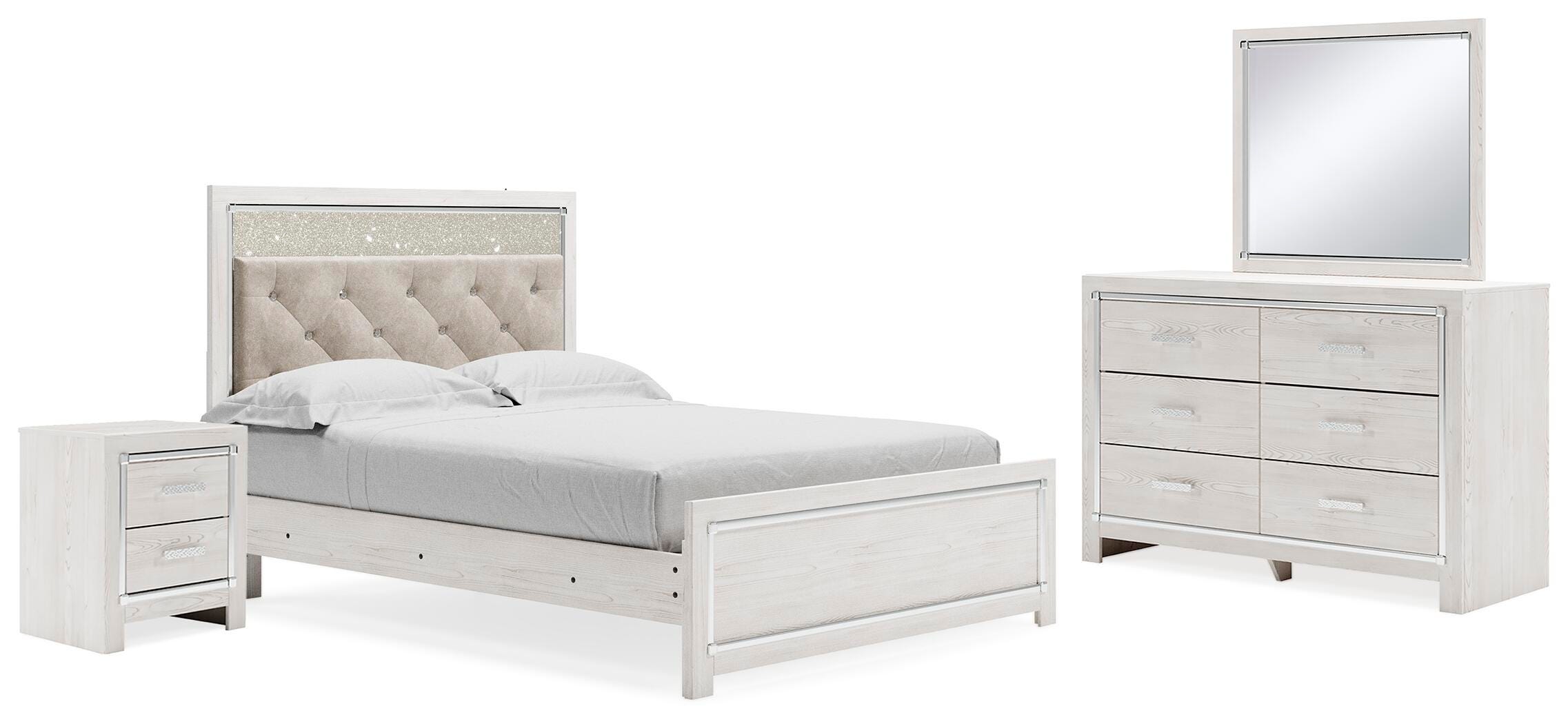 Cama tapizada con panel Queen, cómoda, espejo y mesita de noche Altyra - image 1