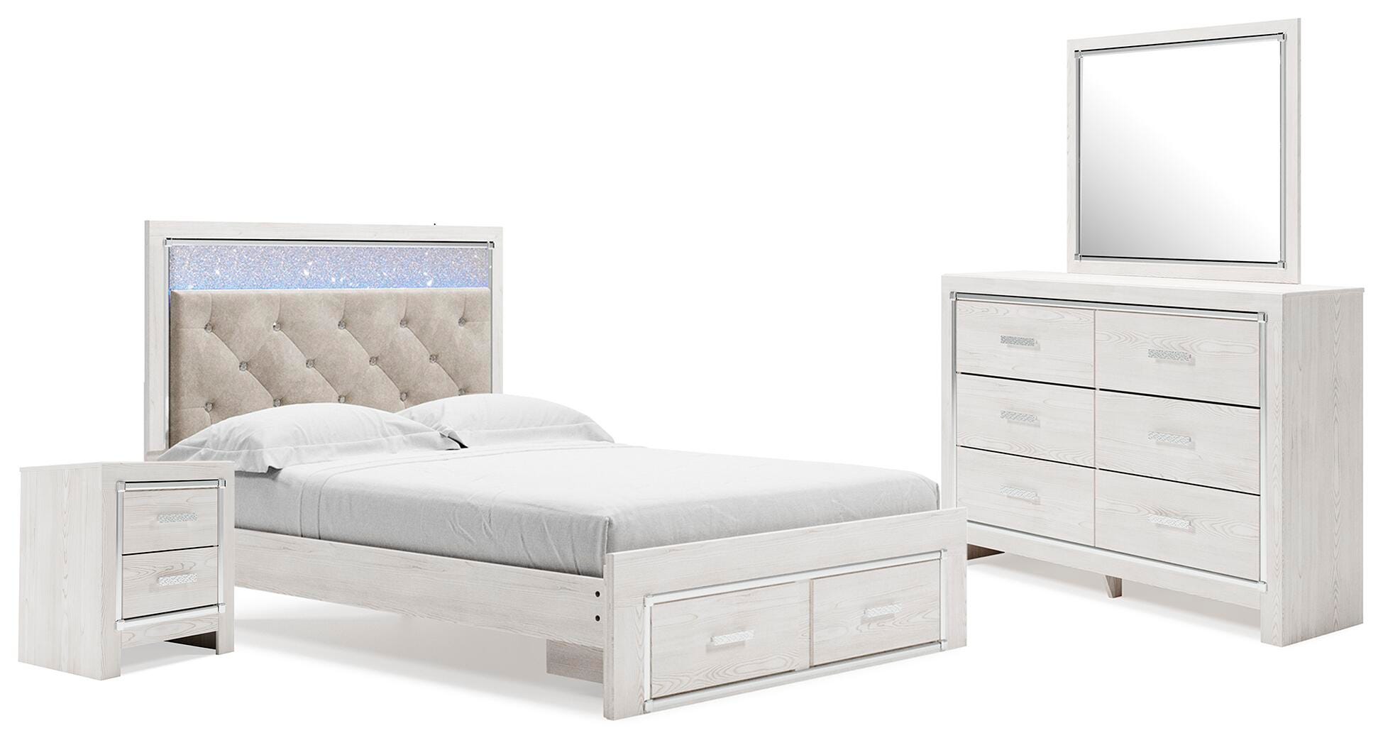 Cama con almacenaje en panel Altyra Queen con tocador con espejo y mesita de noche - image 1