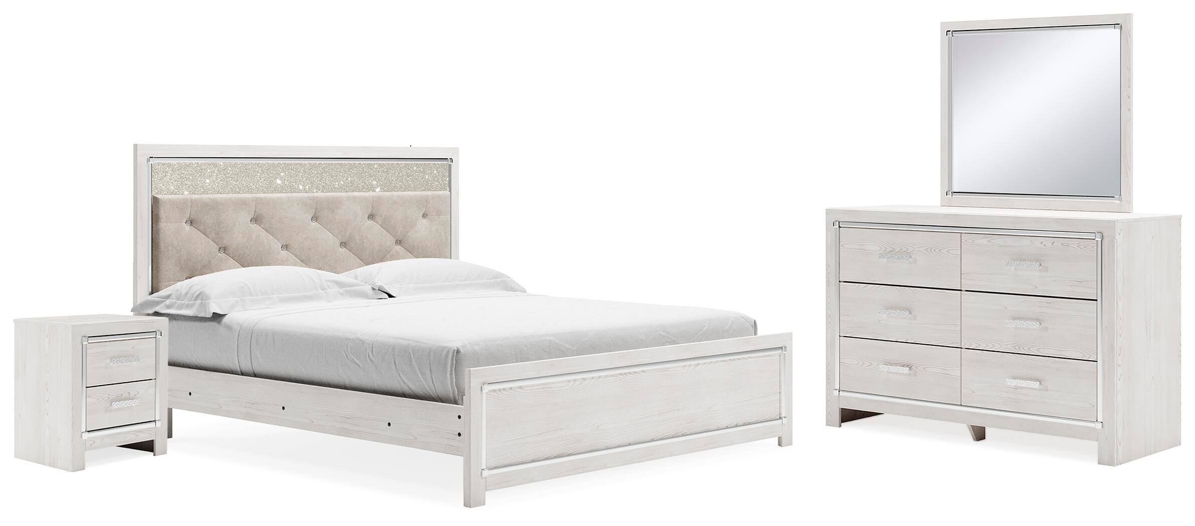 Cama tapizada con panel King, tocador, espejo y mesita de noche Altyra - image 1