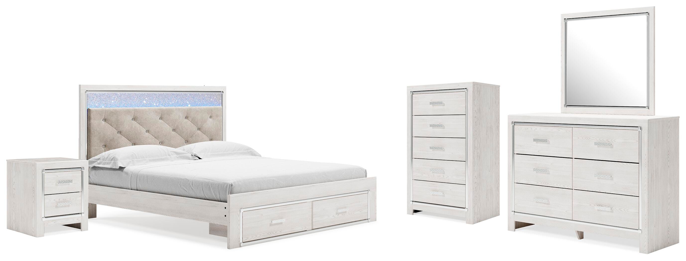 Cama tapizada con almacenaje Altyra King, tocador, espejo, cómoda y mesita de noche - image 1