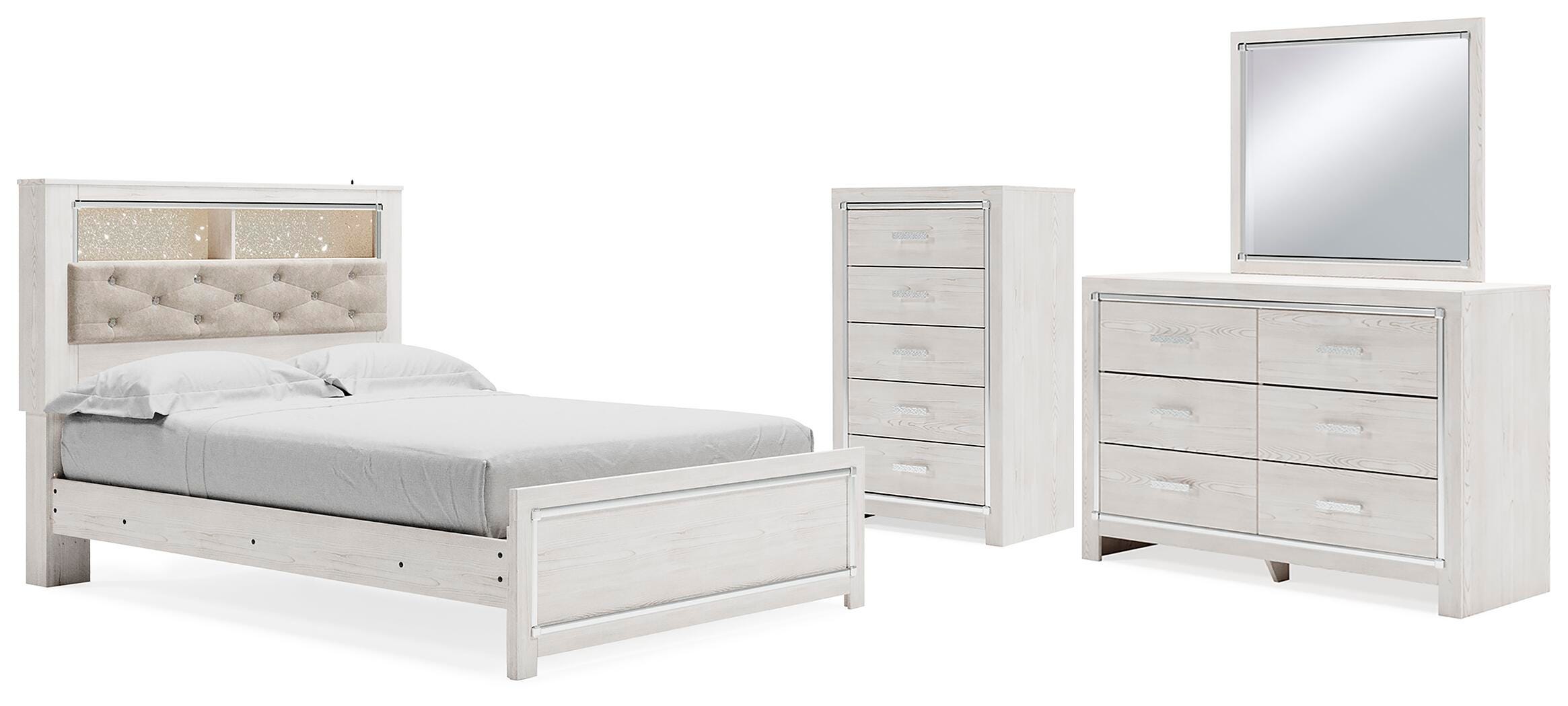 Cama con paneles tipo librero Queen Altyra, cómoda, espejo y arcón - image 1