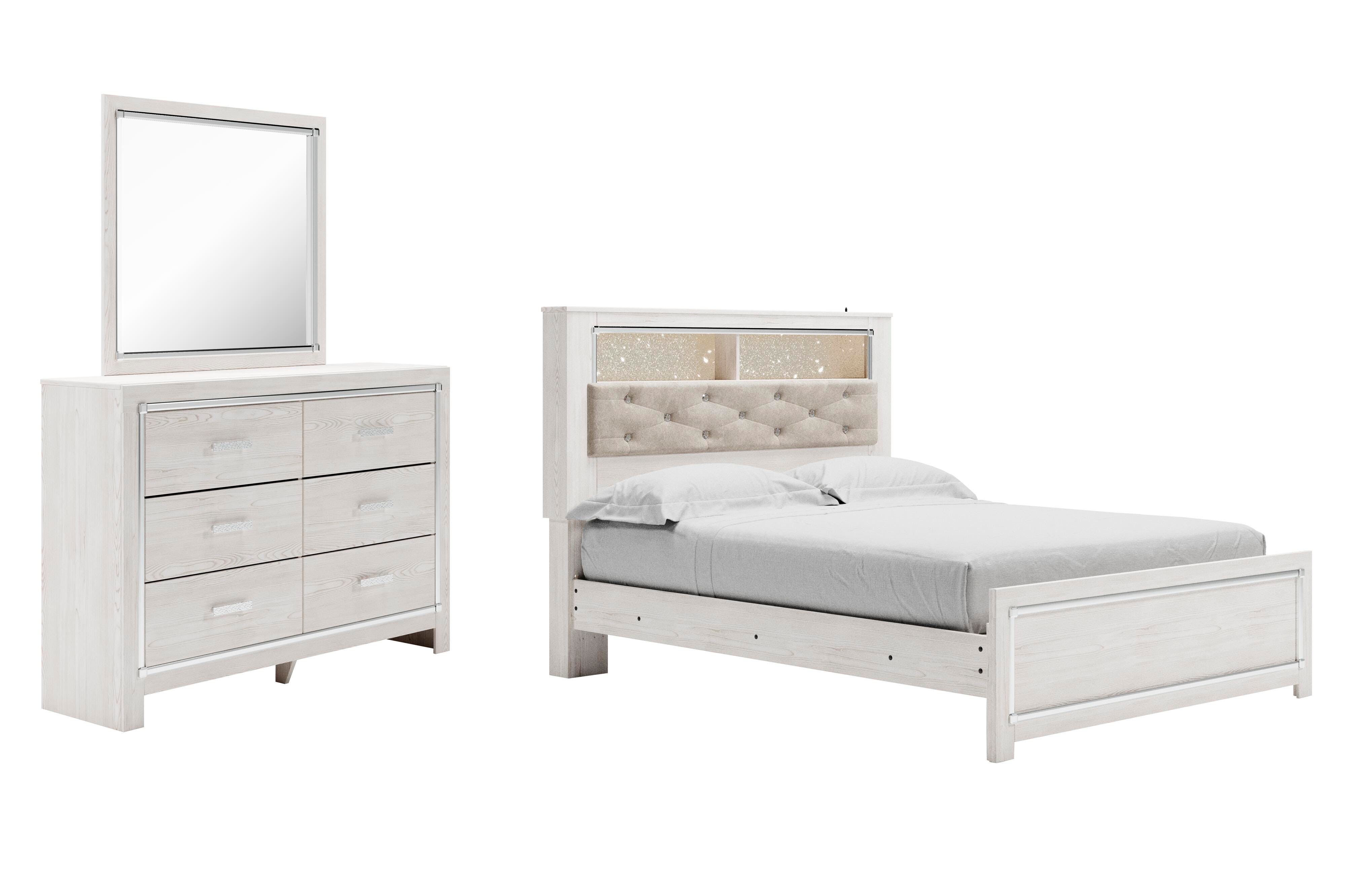 Altyra Queen Panel Bookcase Bed with Mirrored Dresser, White, large