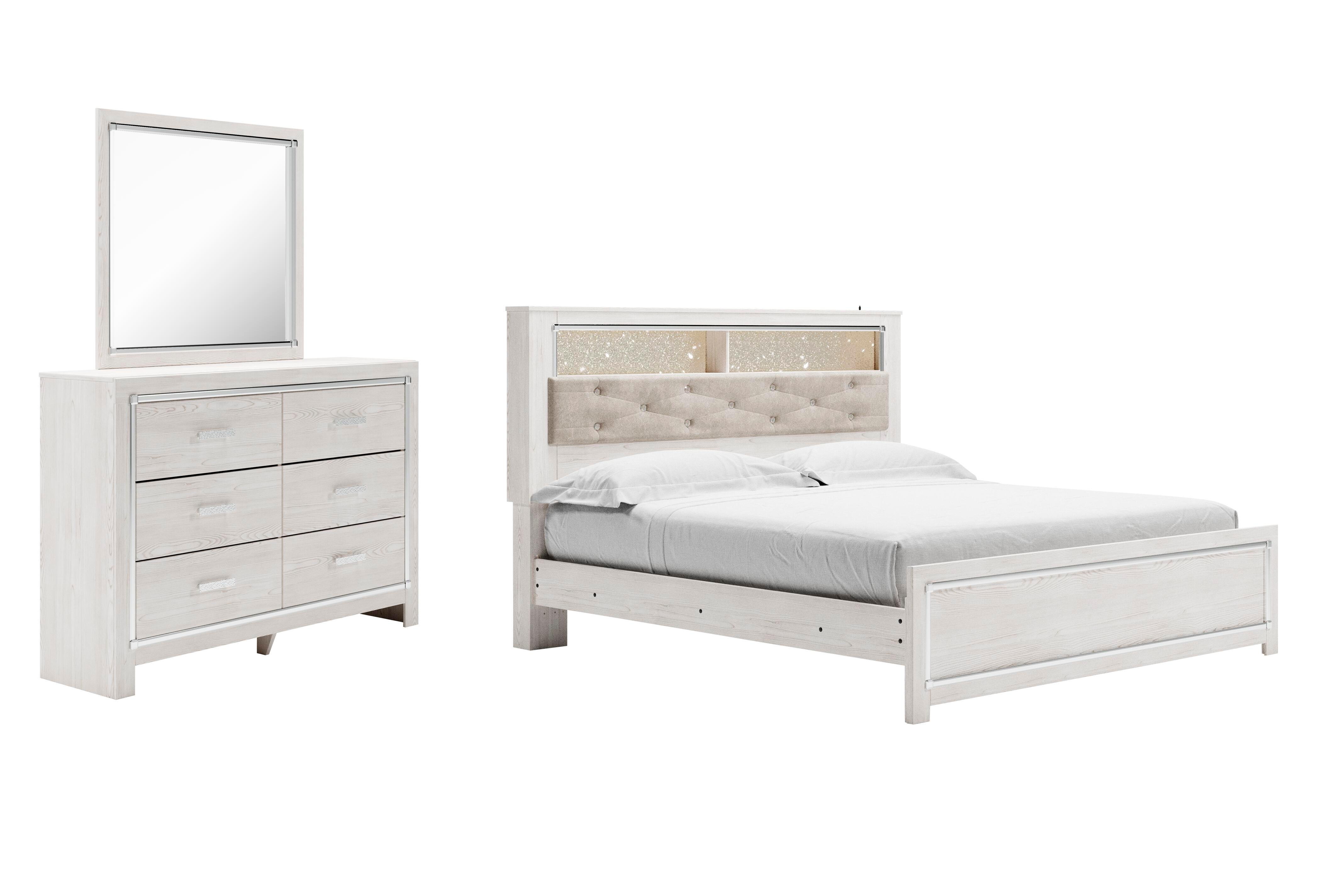 Altyra King Panel Bookcase Bed with Mirrored Dresser, White, large