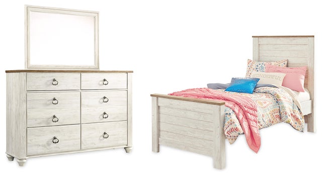 Willowton Twin Panel Bed with Mirrored Dresser