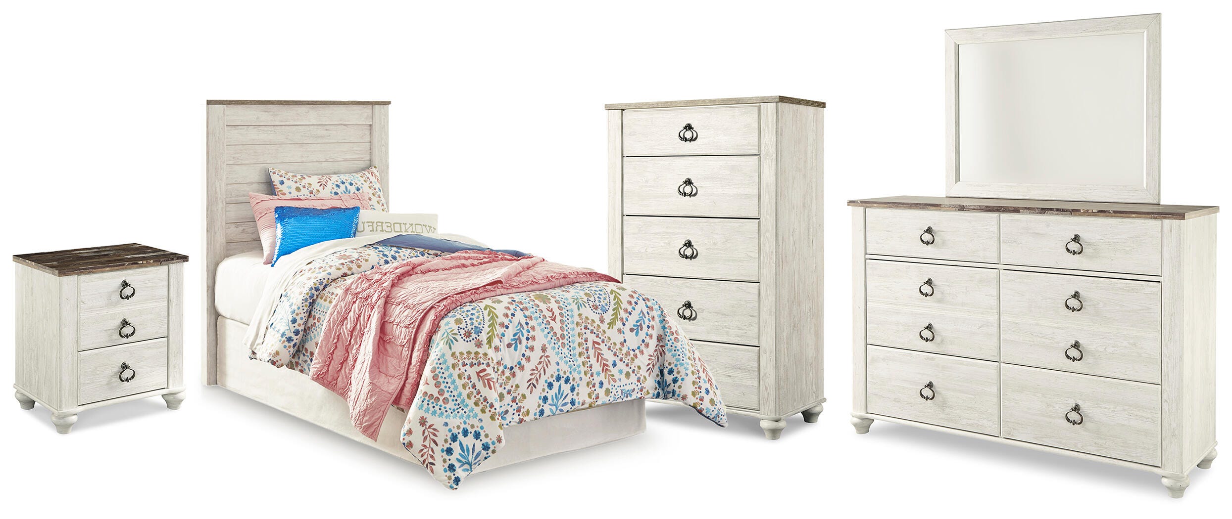 Willowton Twin Panel Headboard Bed with Mirrored Dresser, Chest and Nightstand, Whitewash, large