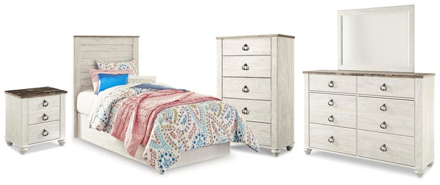 Willowton Twin Panel Headboard Bed with Mirrored Dresser, Chest and Nightstand