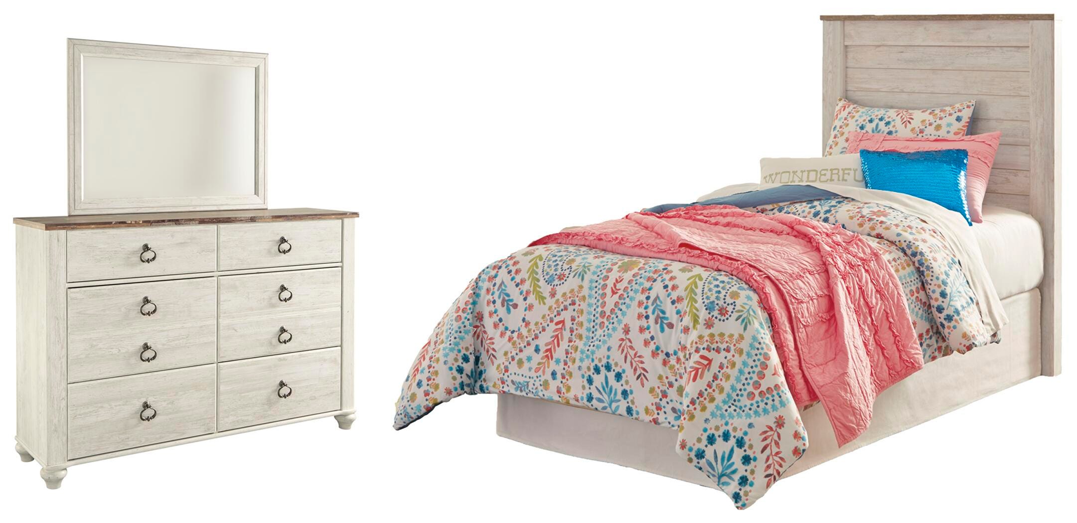 Willowton Twin Panel Headboard Bed with Mirrored Dresser, Whitewash, large