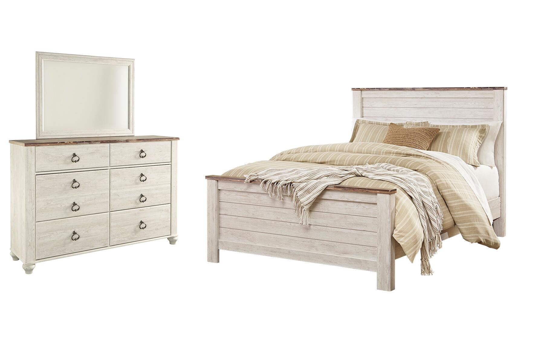 Willowton Queen Panel Bed with Mirrored Dresser, Whitewash, large