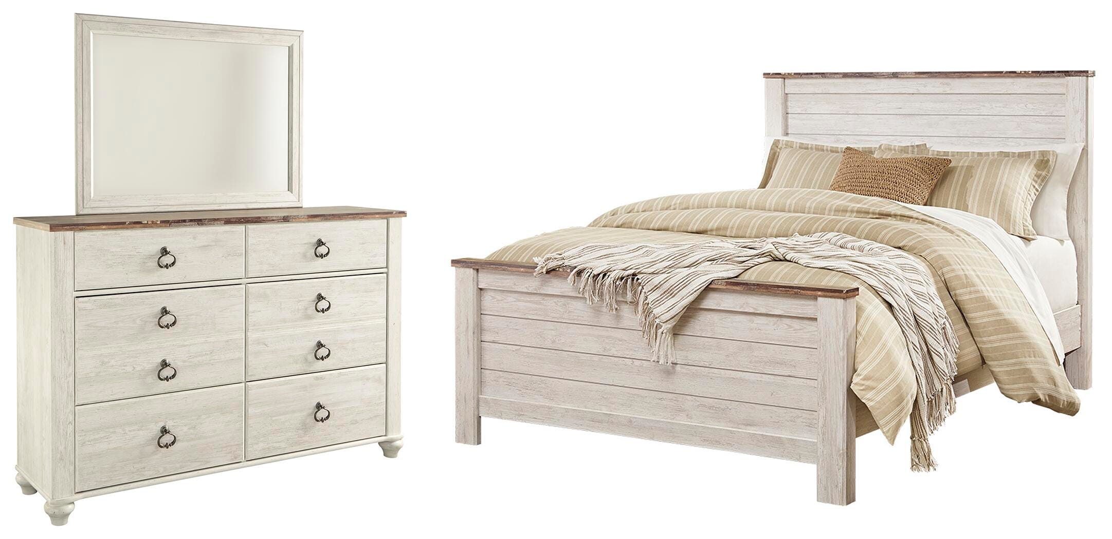 Willowton Queen Panel Bed with Mirrored Dresser, Whitewash, large