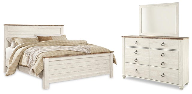 Willowton California King Panel Bed with Mirrored Dresser, Whitewash