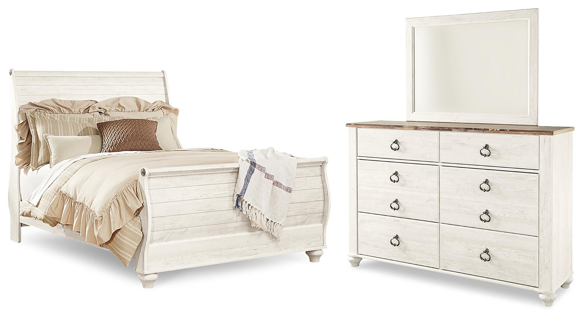Cama Queen con cabecero y pie de cama estilo trineo Willowton, cómoda y espejo - image 1