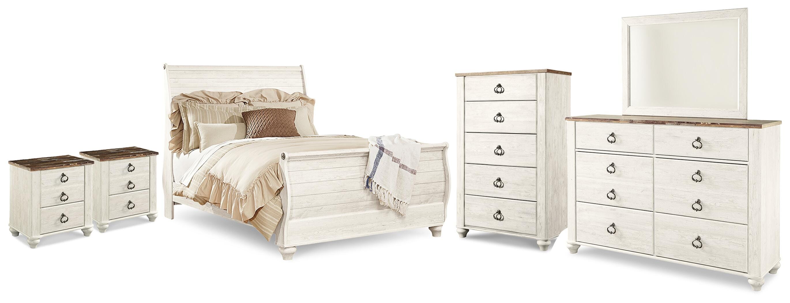 Cama trineo Queen Willowton, 2 cómodas, espejo, baúl y 2 mesitas de noche - image 1