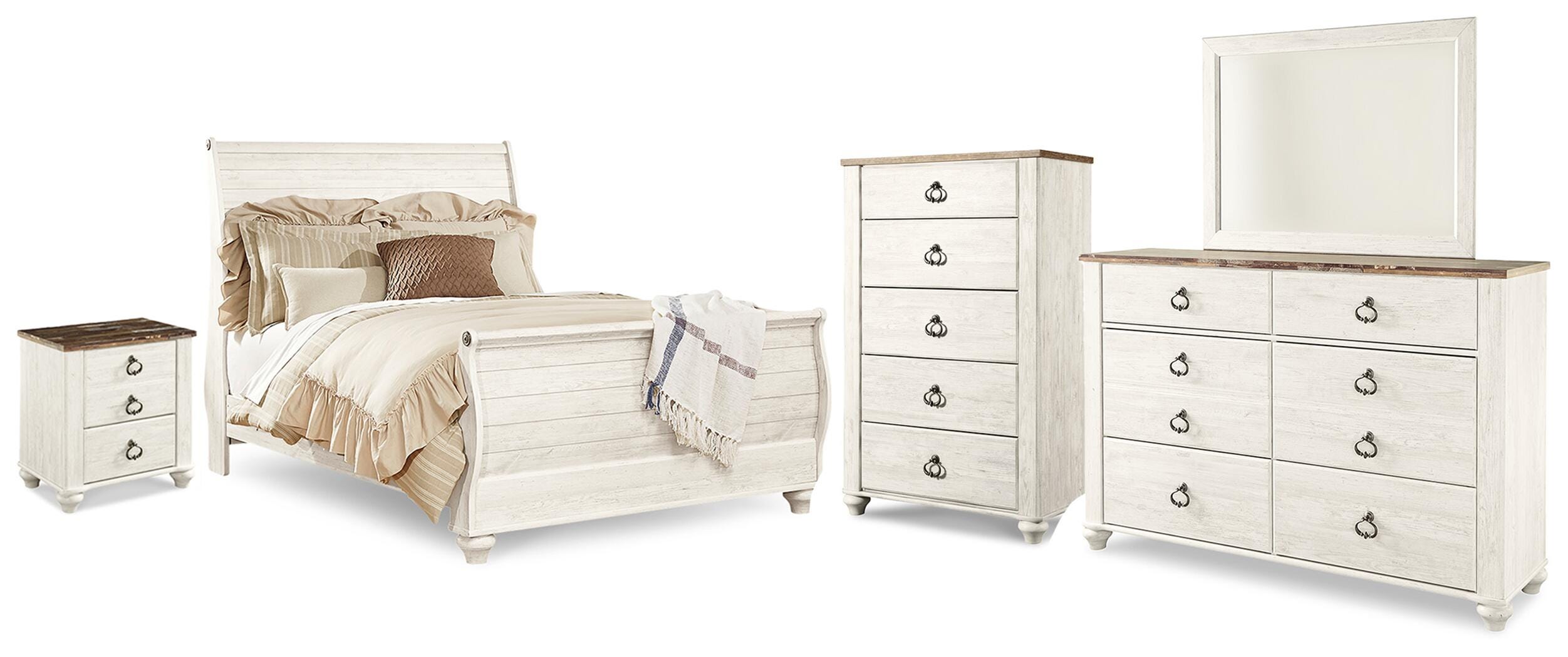 Cama trineo Willowton Queen, cómoda, espejo, chiffonier y mesita de noche - image 1