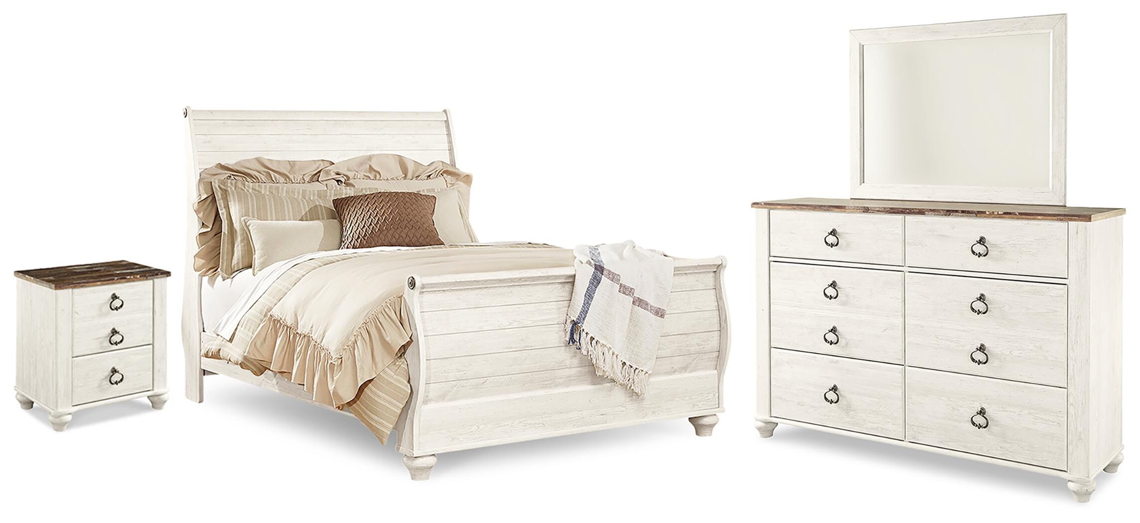 Cama trineo tamaño queen Willowton con cómoda con espejo y mesita de noche - image 1
