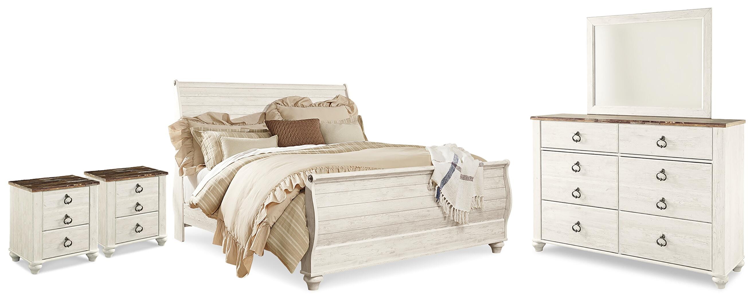 Willowton King Sleigh Bed with Mirrored Dresser and 2 Nightstands, Whitewash, large