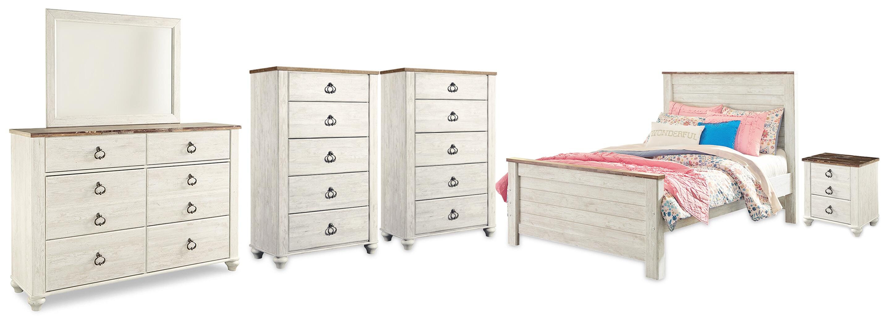Willowton Full Panel Bed, Dresser, Mirror, 2 Chests and nightstand - image 1