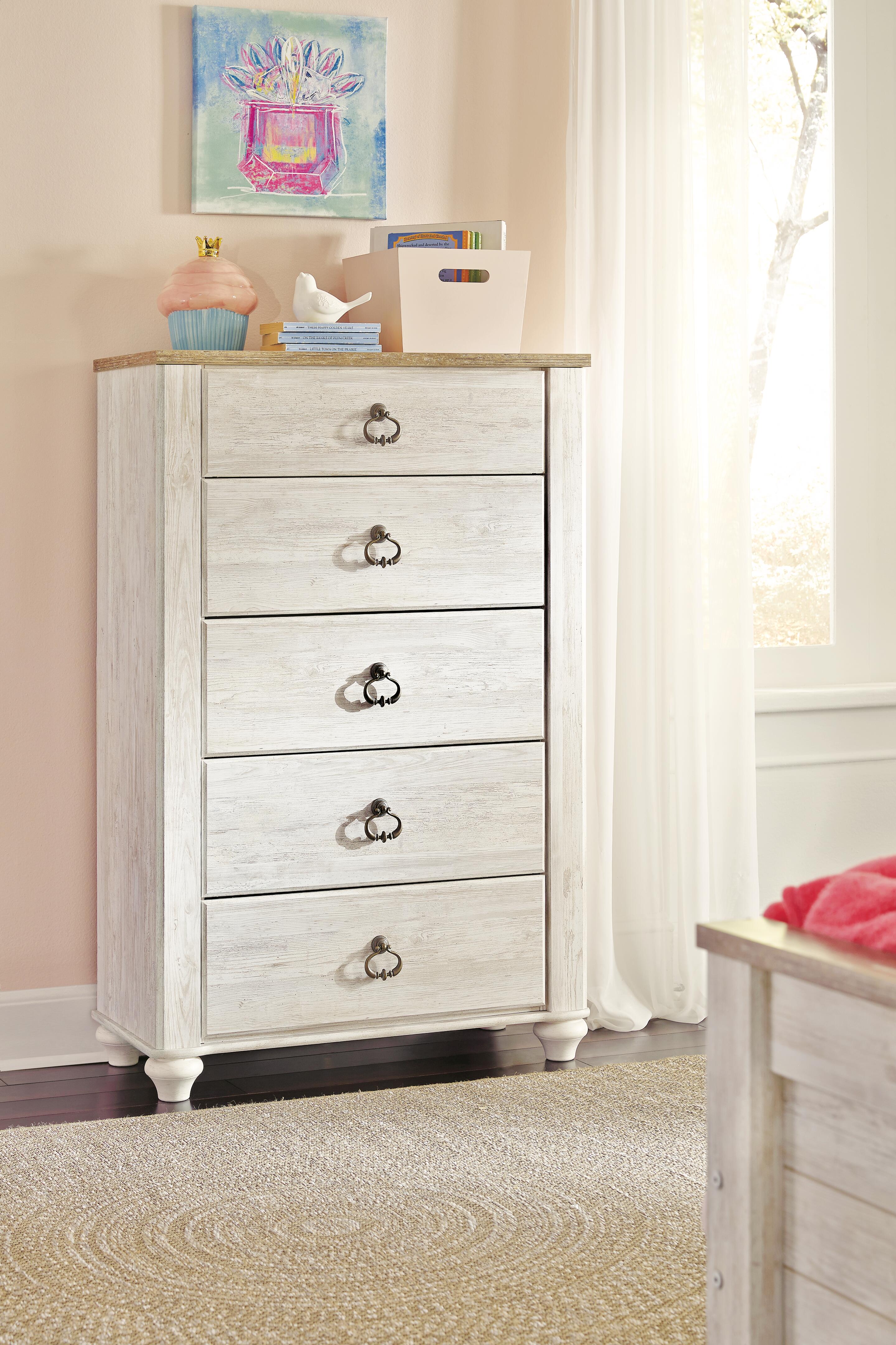 Willowton Twin Panel Headboard Bed with Mirrored Dresser, Chest and Nightstand, Whitewash, large
