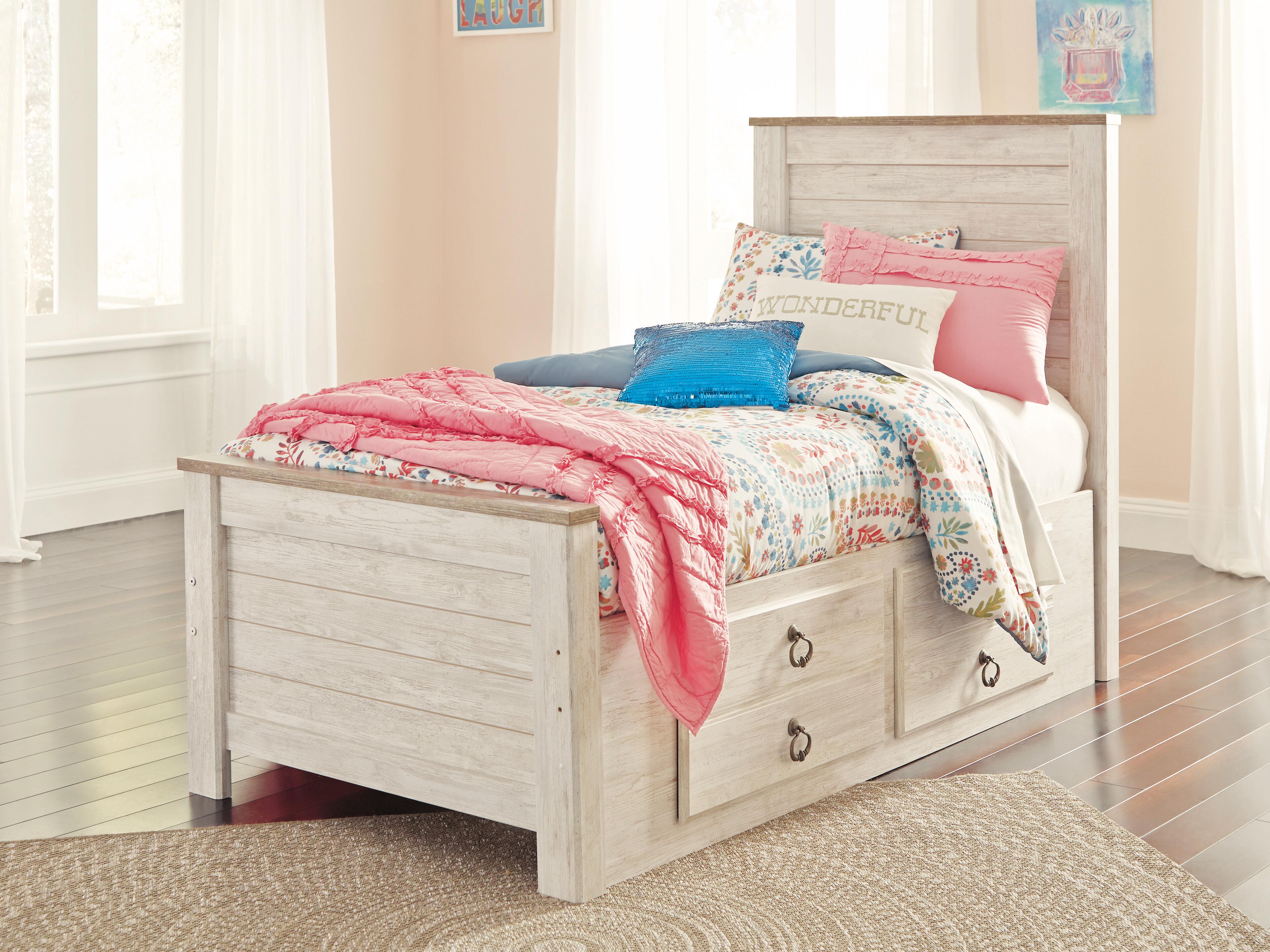 Willowton Twin Panel Bed with 2 Storage Drawers, Whitewash, rollover