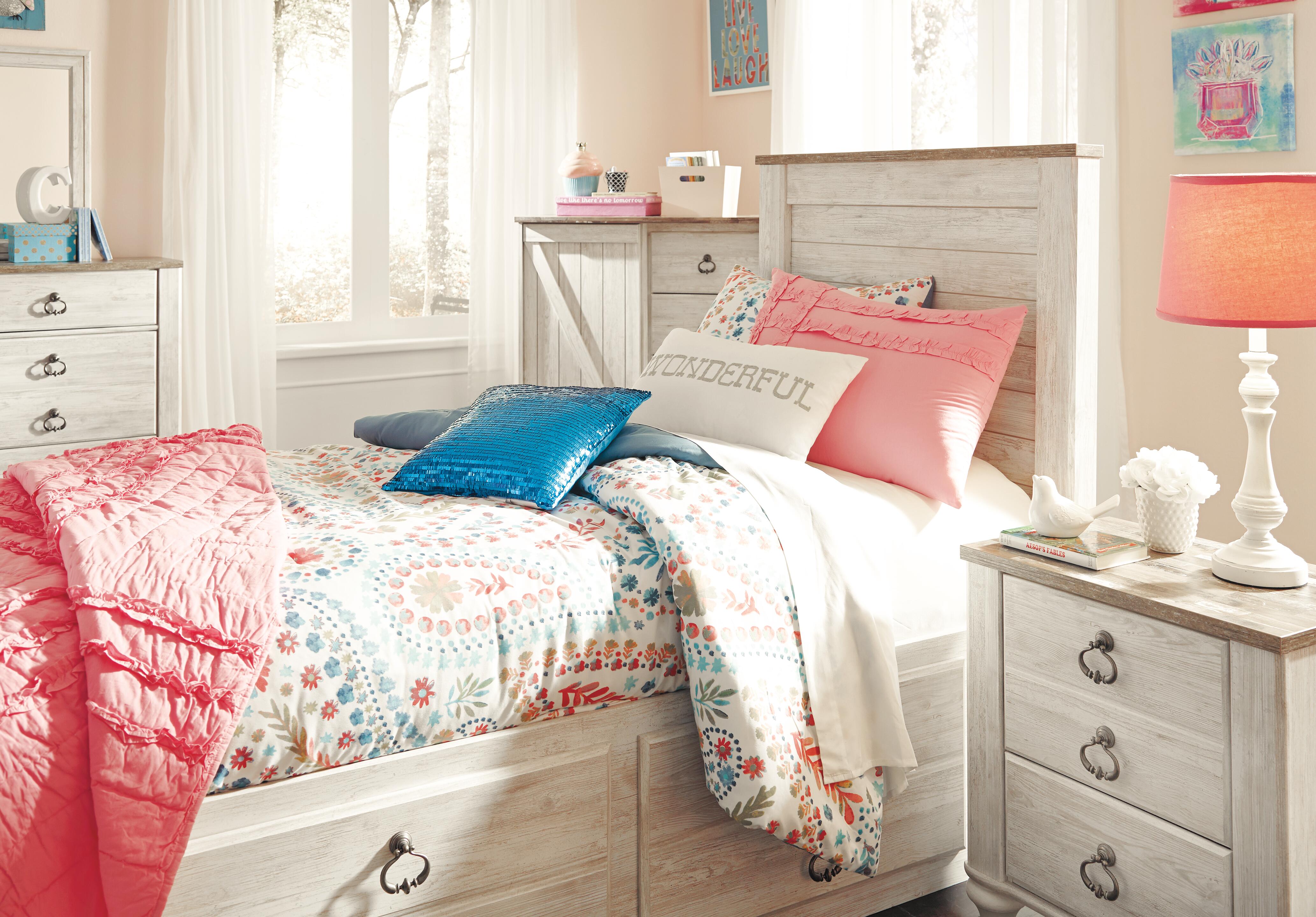 Willowton Twin Panel Bed with 2 Storage Drawers, Whitewash, large