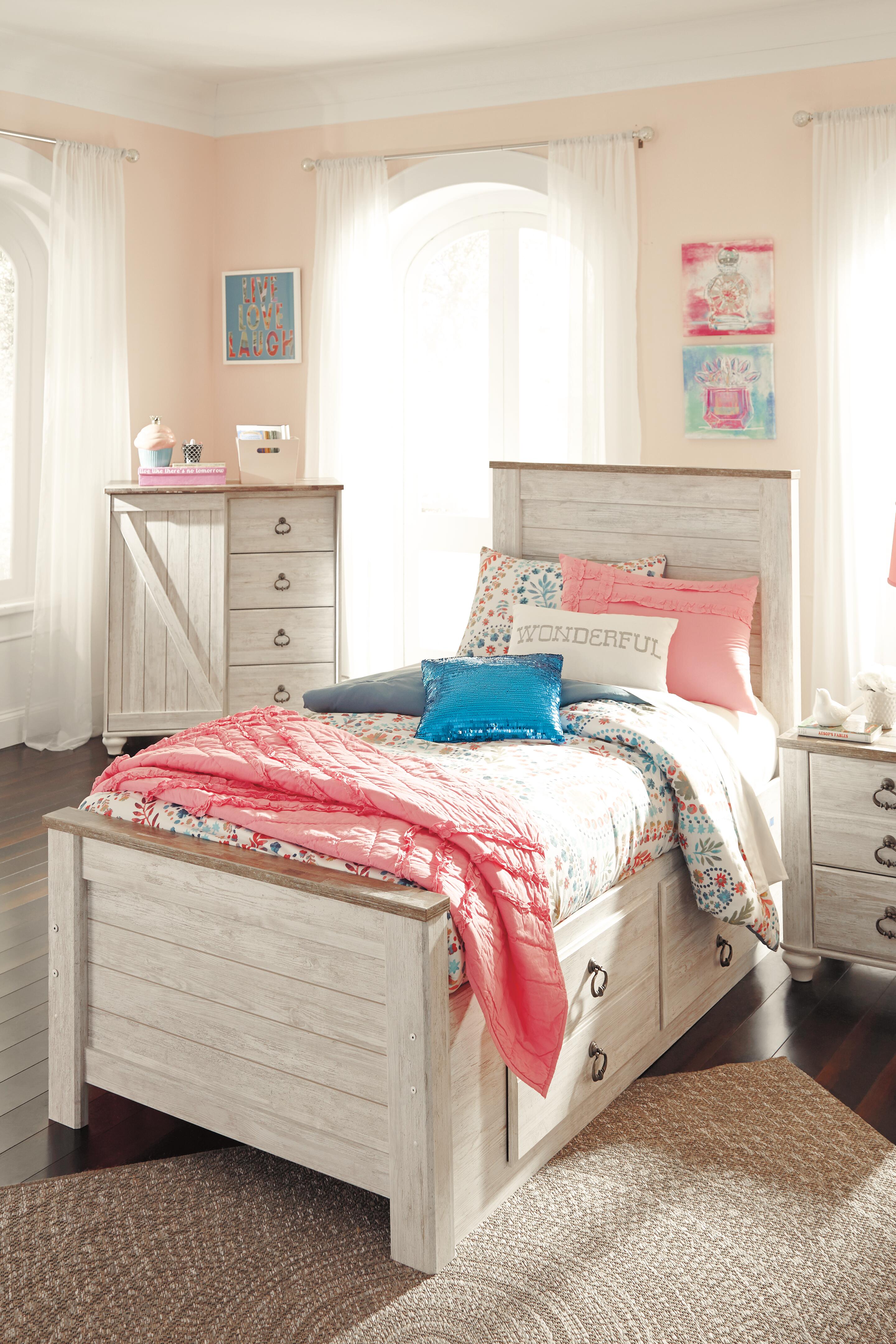 Willowton Twin Panel Bed with 2 Storage Drawers, Whitewash, large