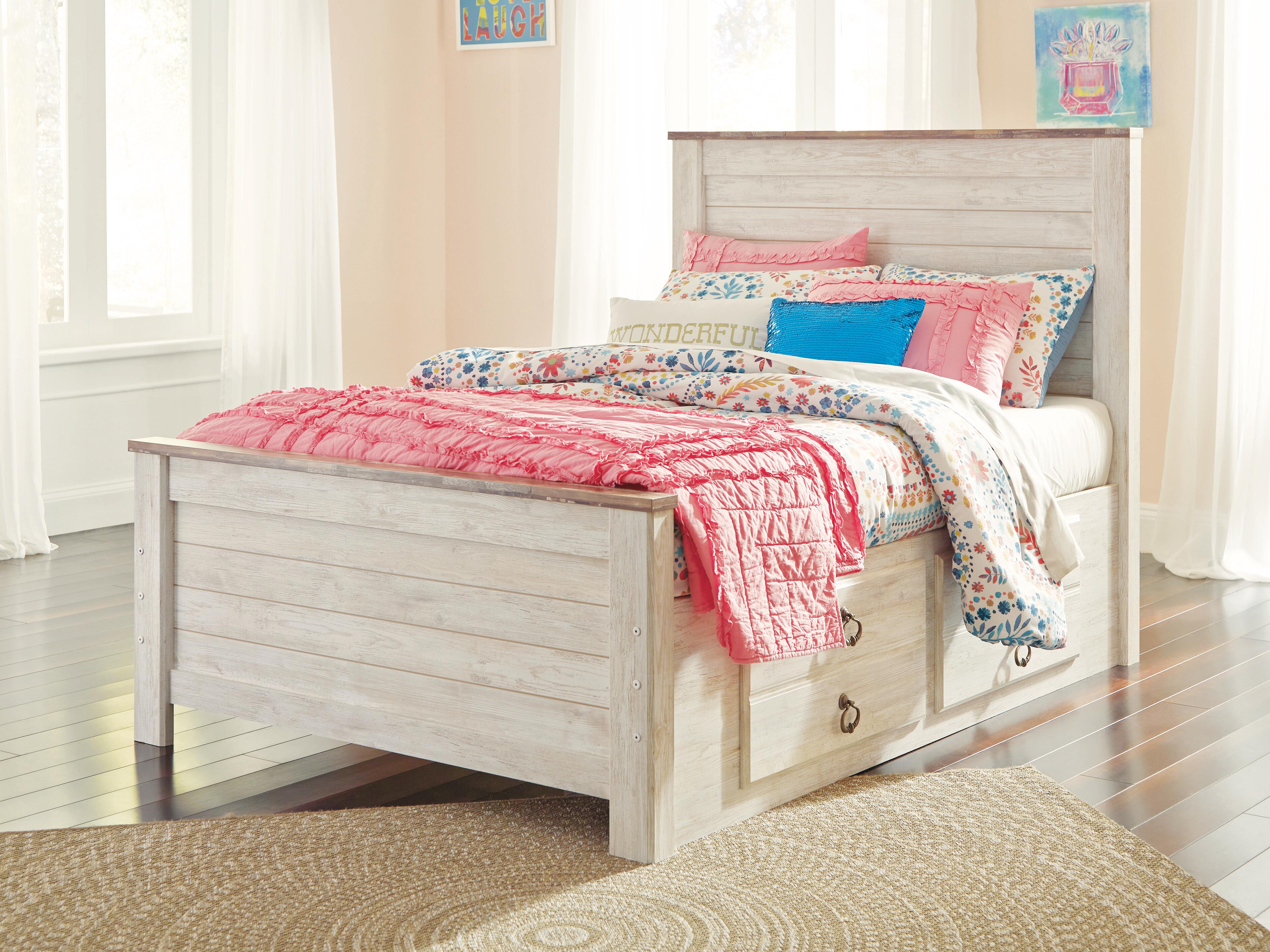 Willowton Full Panel Bed with 2 Storage Drawers, Whitewash, rollover
