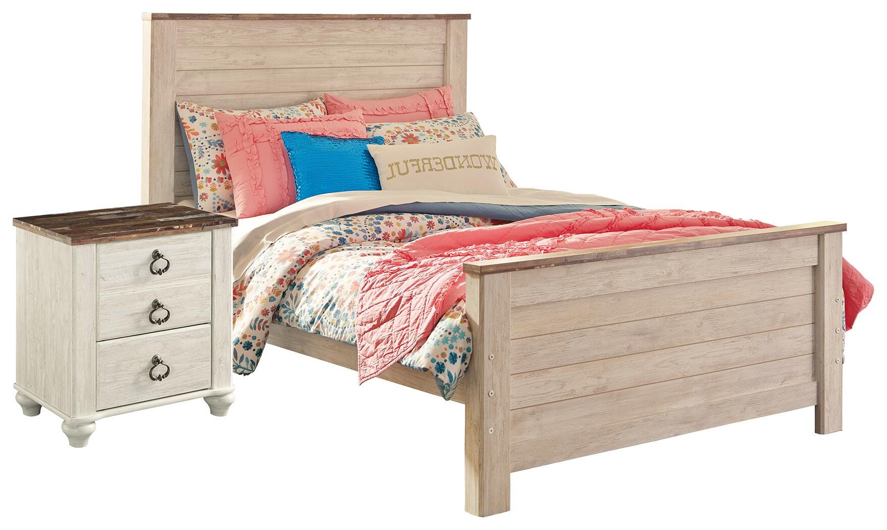 Willowton Full Panel Bed with Nightstand, Whitewash, large